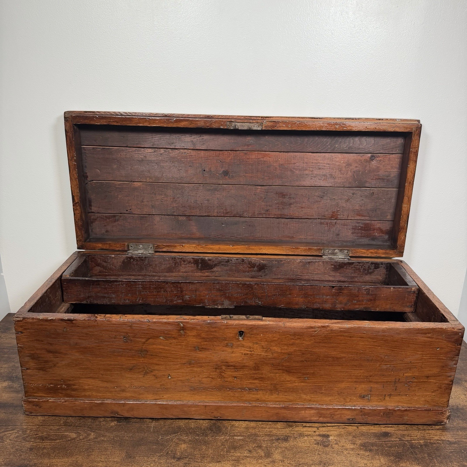 Antique Primitive Wood Carpenters Trunk Chest Tool Box Seaman 32”x13”x11” VTG