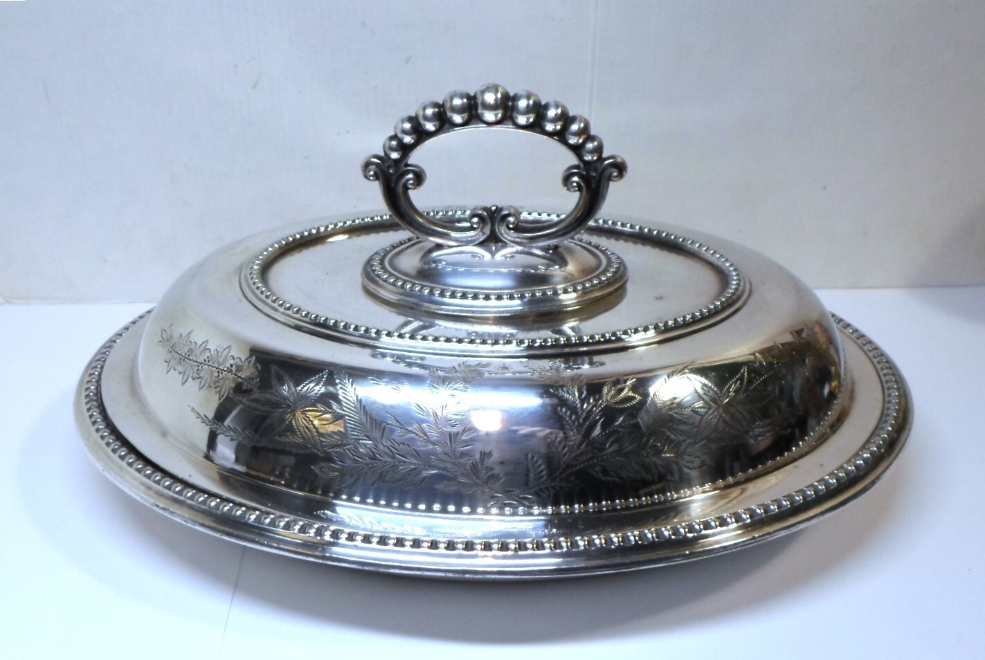 Antique BEADED OVAL ENTREE DISH John Round Sheffield Plate for Hanhart Allahabad