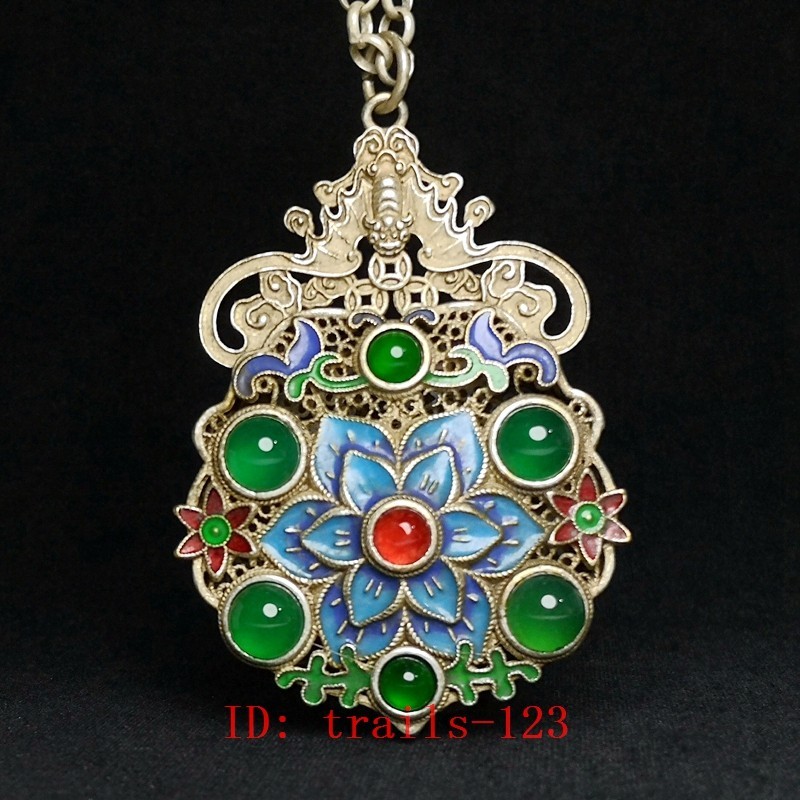 2.8 Inch Old Chinese Silver Cloisonne Inlay Jewelry Flower Bat Necklace Pendant