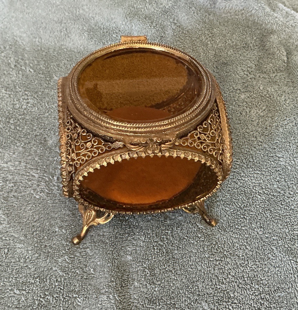 Stunning Vintage Ormolu Gold Filigree Jewelry Box, Beveled Glass Footed Case EUC