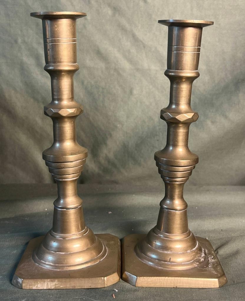 Americana Primitive Antique Pair of Two 2 Candlesticks Set Brass Metal American