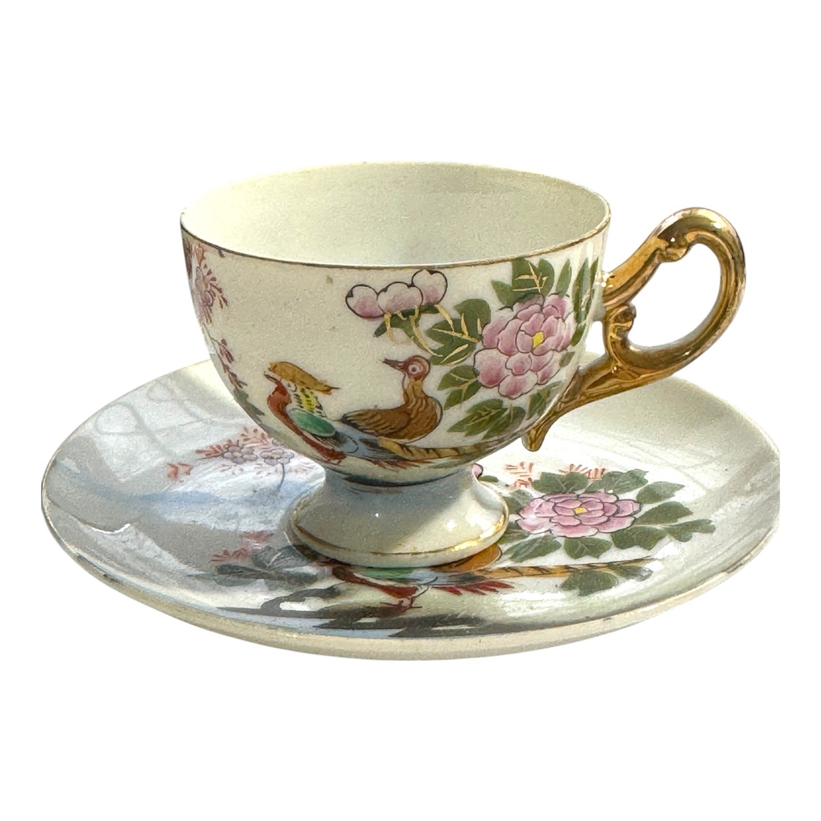 Vintage Demitasse Tea Cup Japan Bone China Pheasants Peony’s Cottagecore Asian
