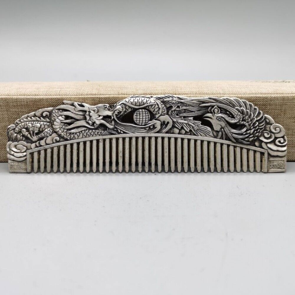 Old Chinese tibet silver handcarved Dragon Phoenix Comb statue f501