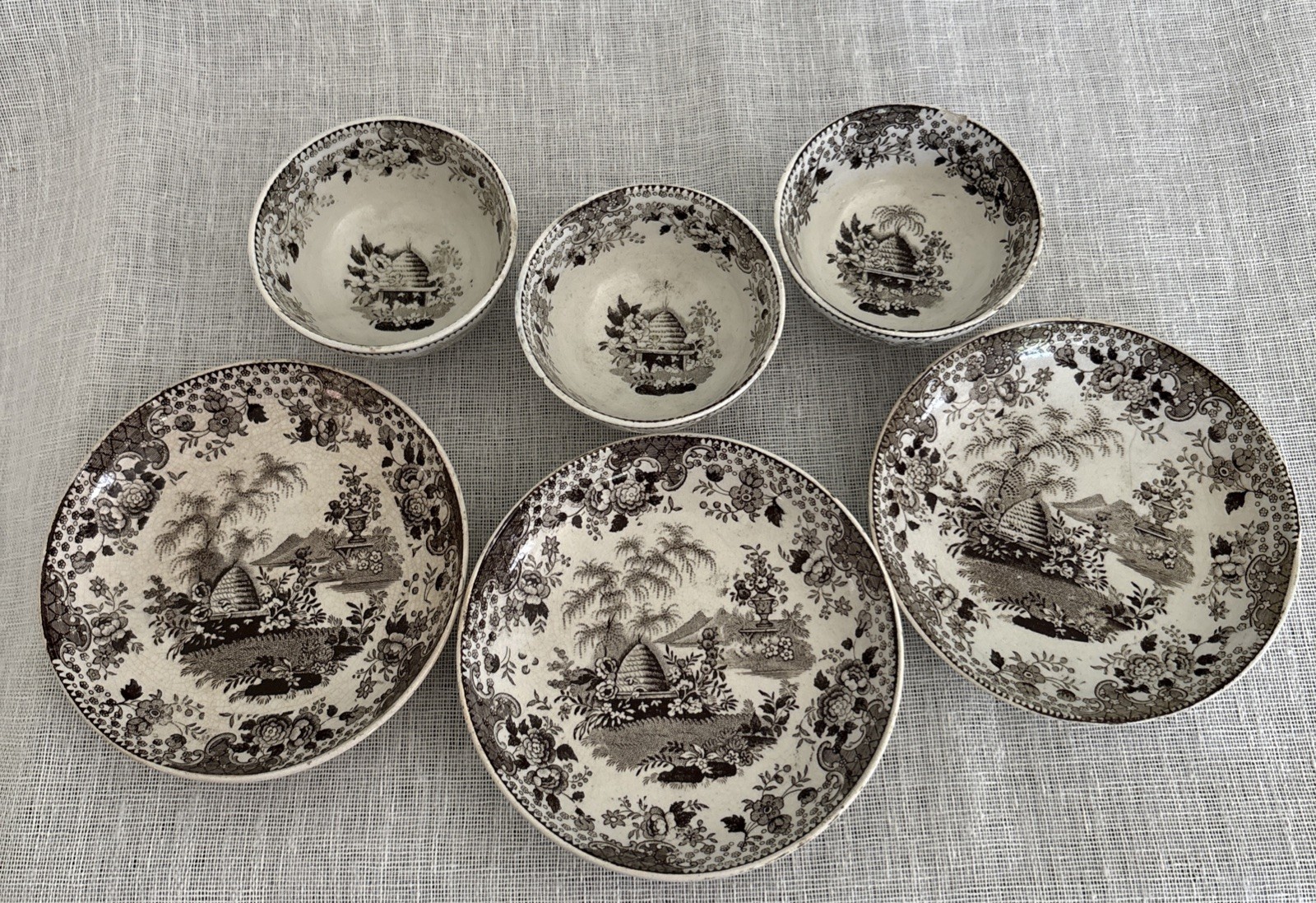 Antique 19thC Brown Transferware Child’s Tea Set Beehive Pattern 9 pc. England