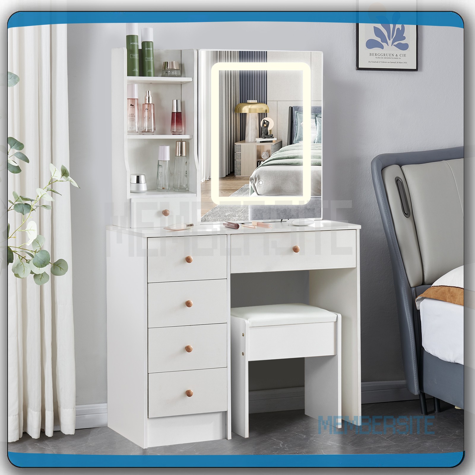 Makeup Vanity Table with Smart LED Sliding Mirror 6 Drawers and Stool Vanity Set