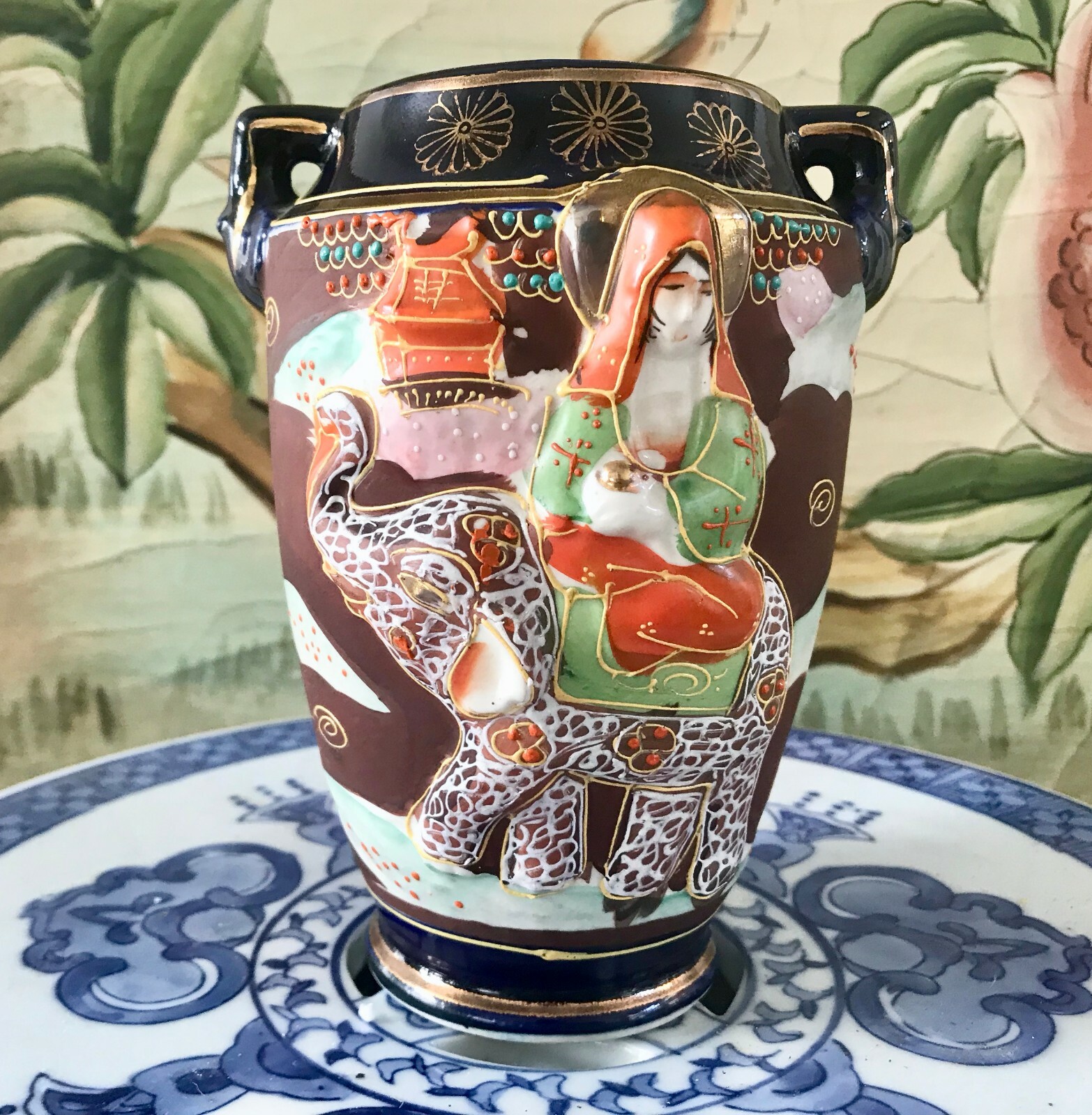 Satsuma Moriage Raised Relief Elephant and Geisha Cobalt Blue Brown Signed Vase