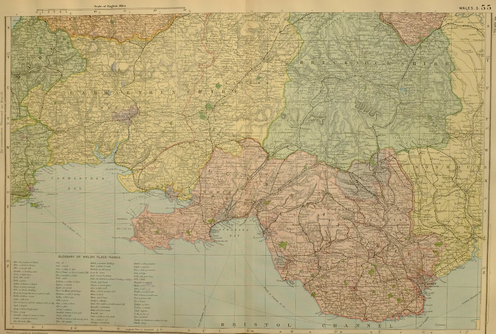 1896 MAP WALES SOUTH ~ CARMARTHENSHIRE CARDIFF BRECKNOCKSHIRE TENBY SWANSEA
