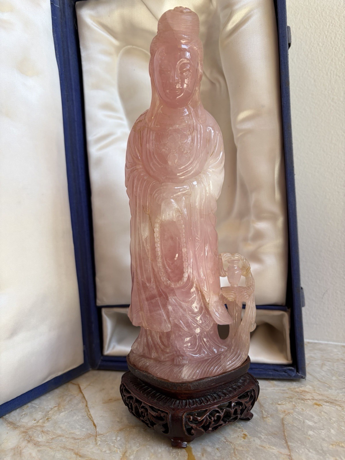 Antique Chinese Qing Dynasty Rose Quartz Guanyin Kwan Yin Figurine w/ Stand