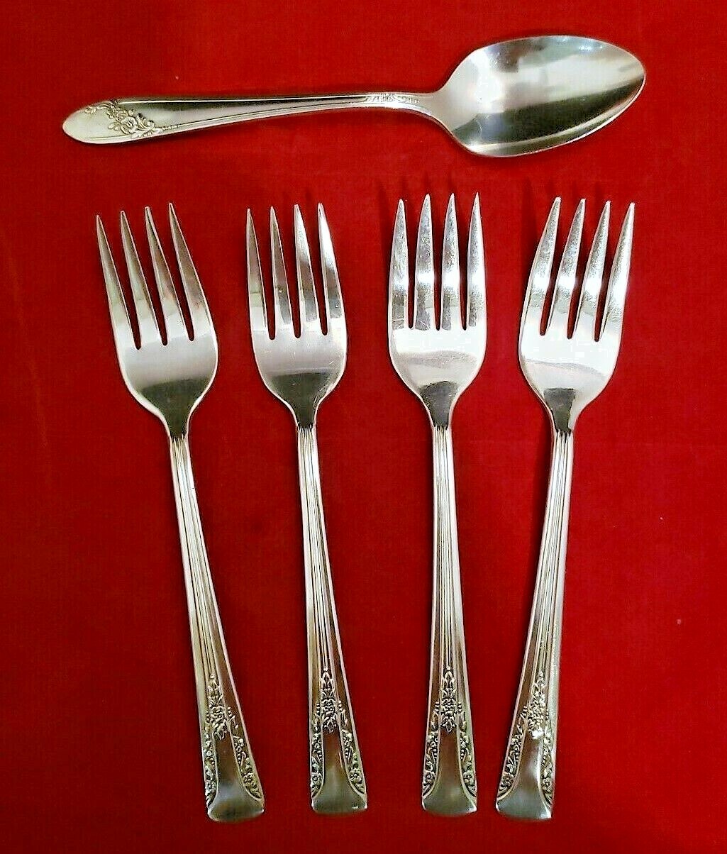 4 Camellia 1940 Silver Plate 6″ Salad Forks, 1 Queen Bess II 1946 6″ Tea Spoon