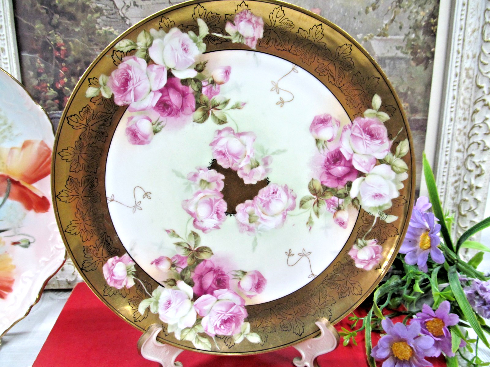 Vienna Austria painted plate roses and bands and design in 24kt warranted gold