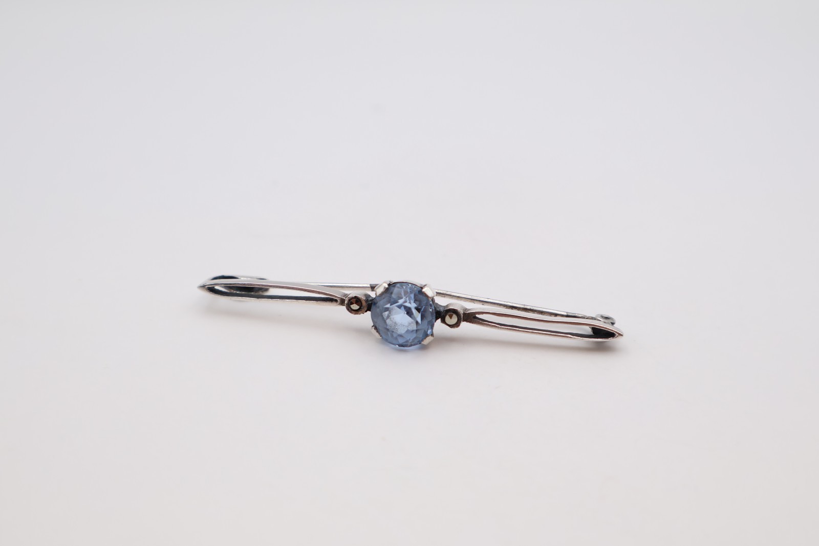 Vintage Silver Bar Brooch with Blue Stone