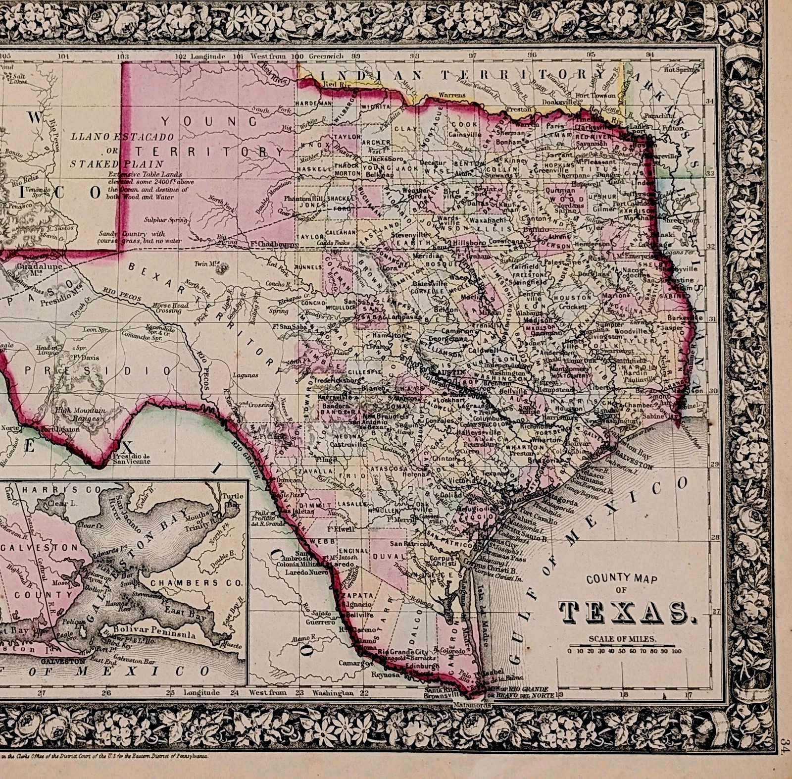 1863 TEXAS Map ORIGINAL Bexar Territory GALVESTON INSET Young Territory