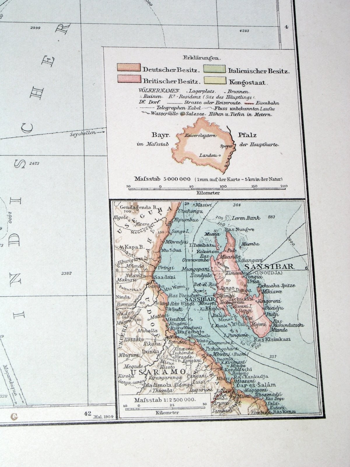 1896 ORIGINAL ANTIQUE MAP GERMAN EASTERN AFRICA OSTAFRIKA TANZANIA KILIMANJARO