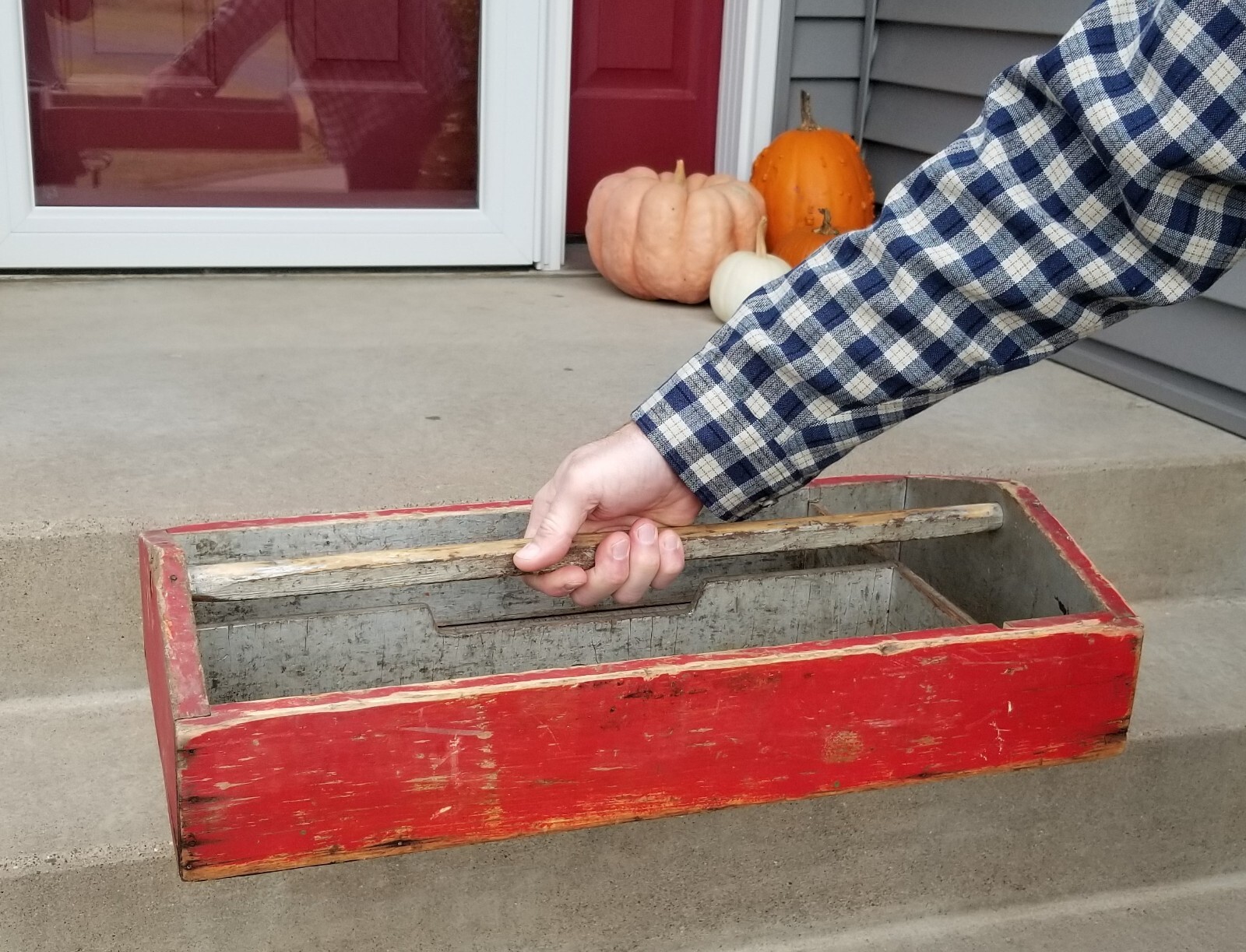 Antique Old Red Prim Crackle Paint Wooden Handled Tool Caddy Carrier 24″ L