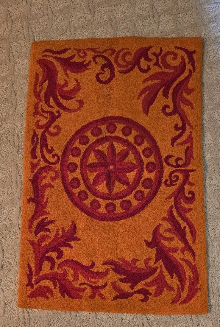 Vintage 1970s Hand Made Rug Art Piece 23 x 36 in Bright Orange Premium Fabric