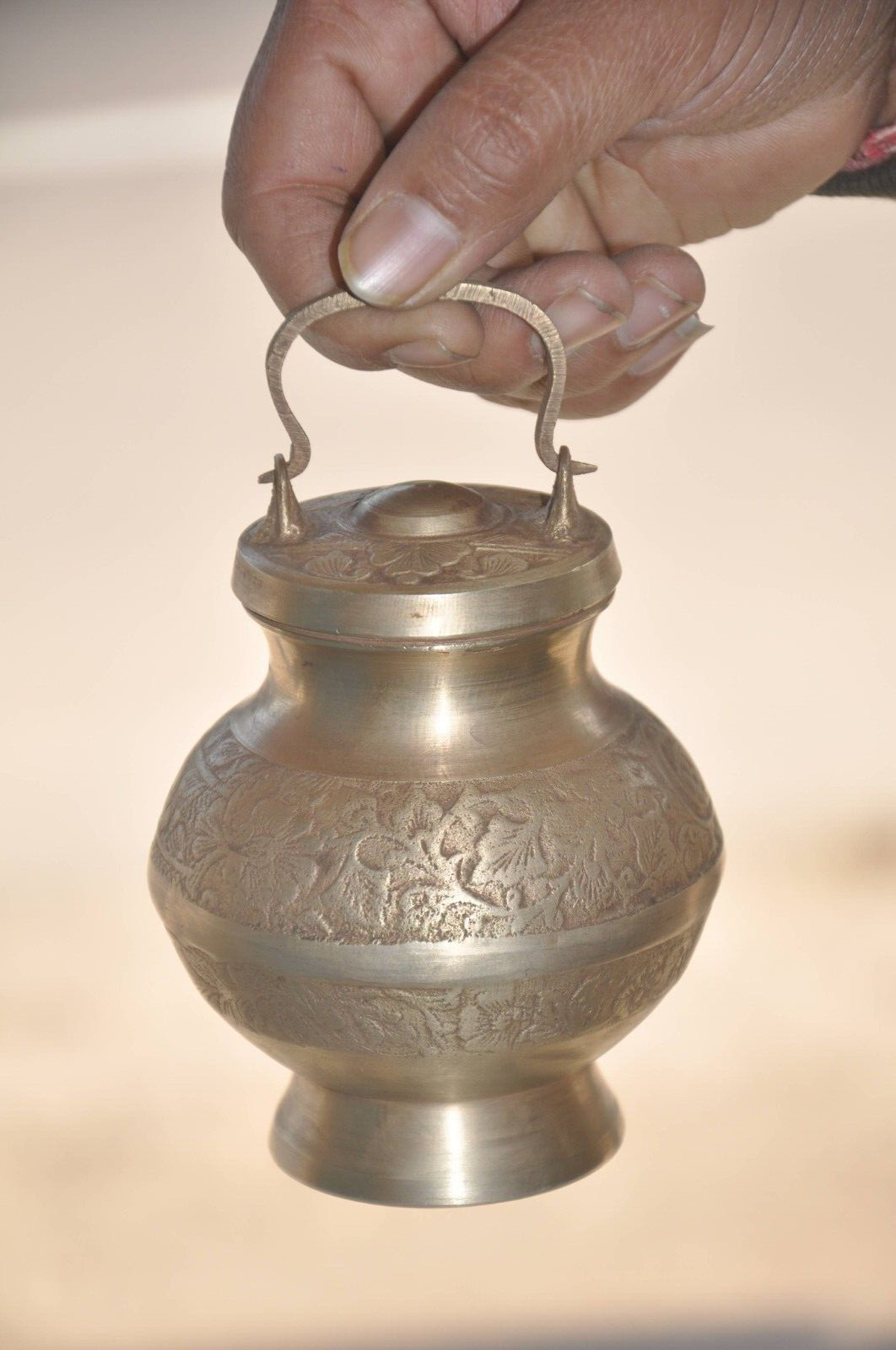 Vintage Unique Shape Brass Engraved Handcrafted Holy Water Pot