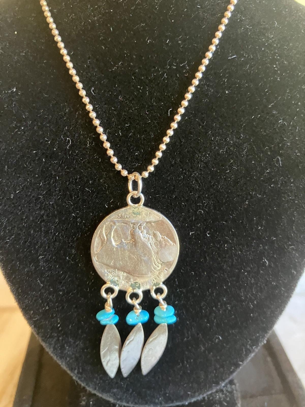 VINTAGE STERLING SILVER CHAIN BUFFALO NICKEL NECKLACE TURQUOISE NUGGET DANGLES