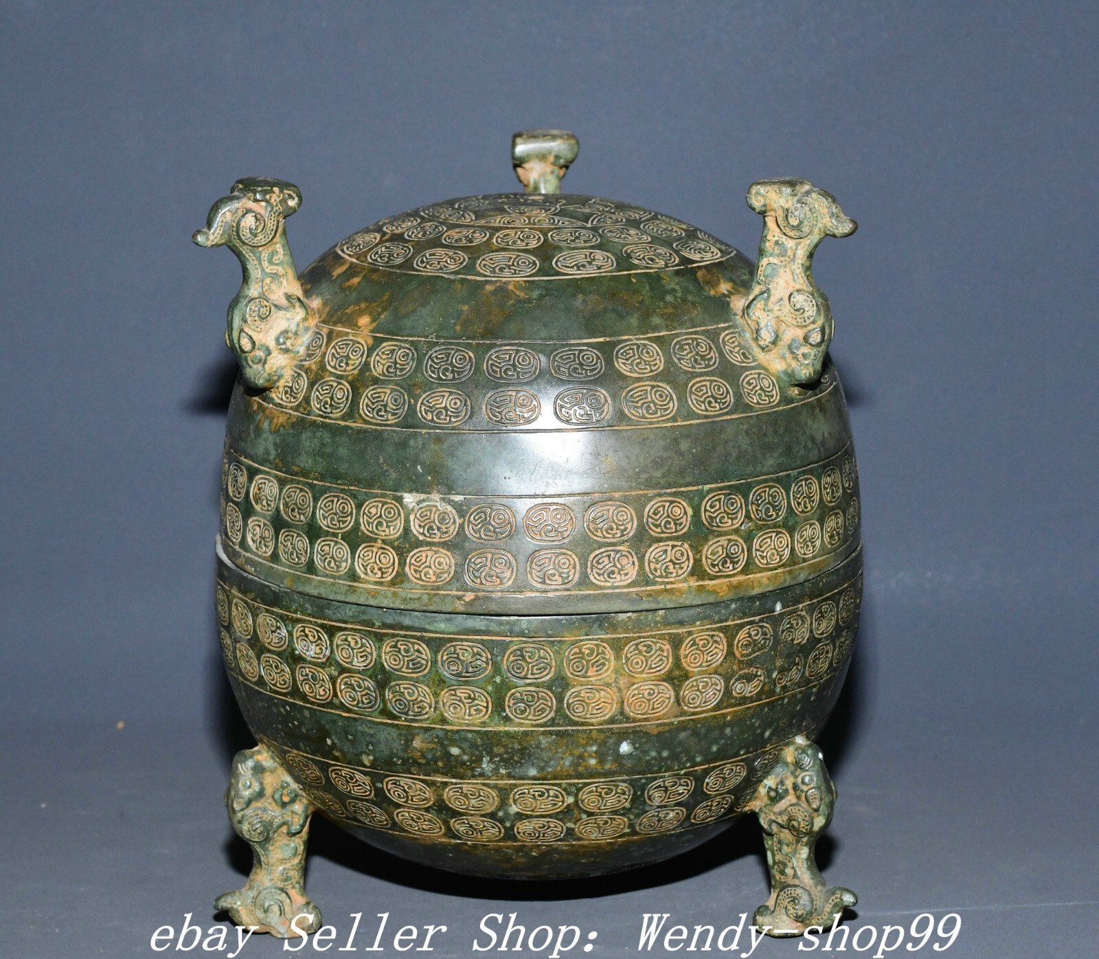 10″Old Chinese Shang Dynasty Bronze Ware Owl Bird Head Inscription Jar Pot Crock