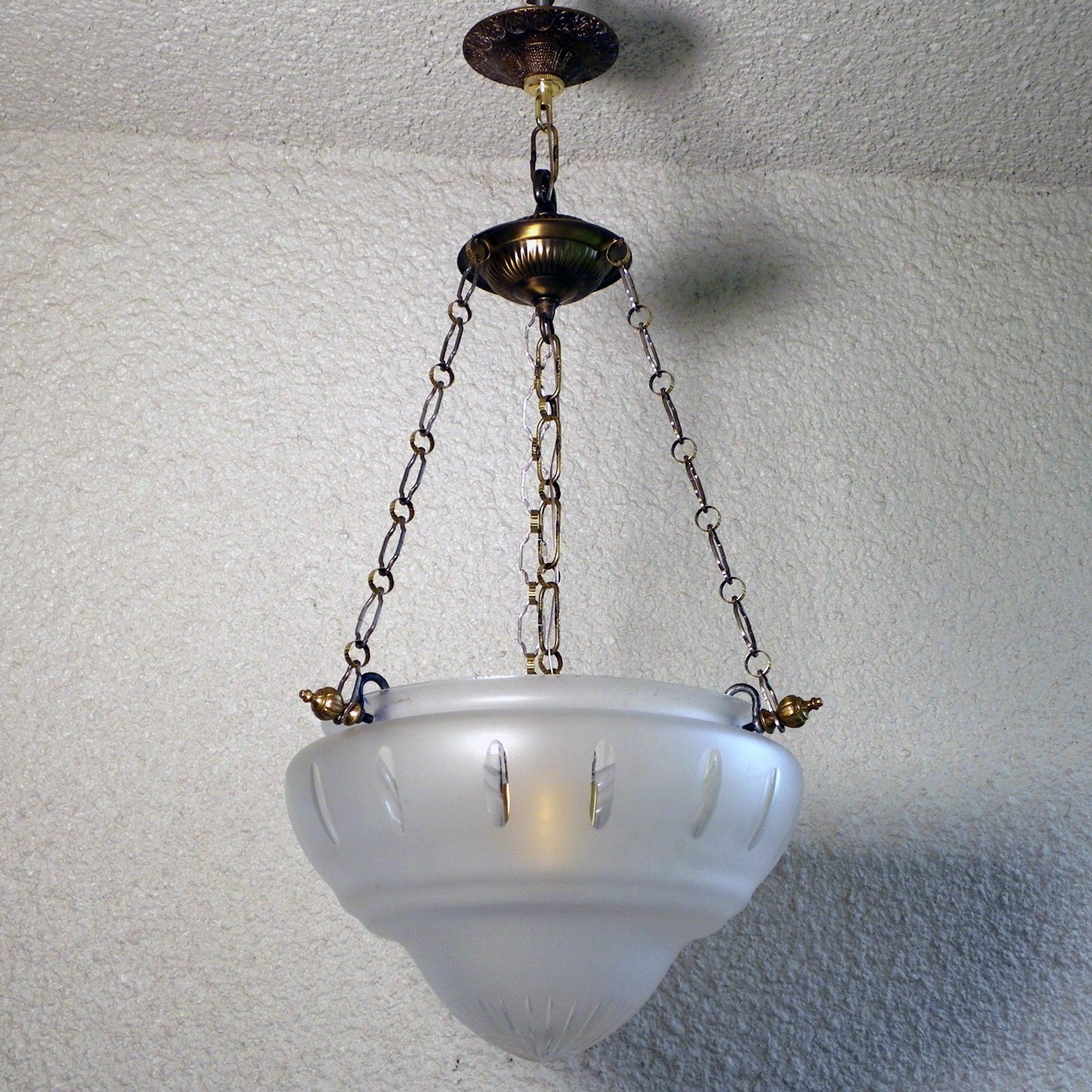 RESTORED VINTAGE GRAVITY HOOK PENDANT LIGHT SATIN GLASS BOWL CHANDELIER