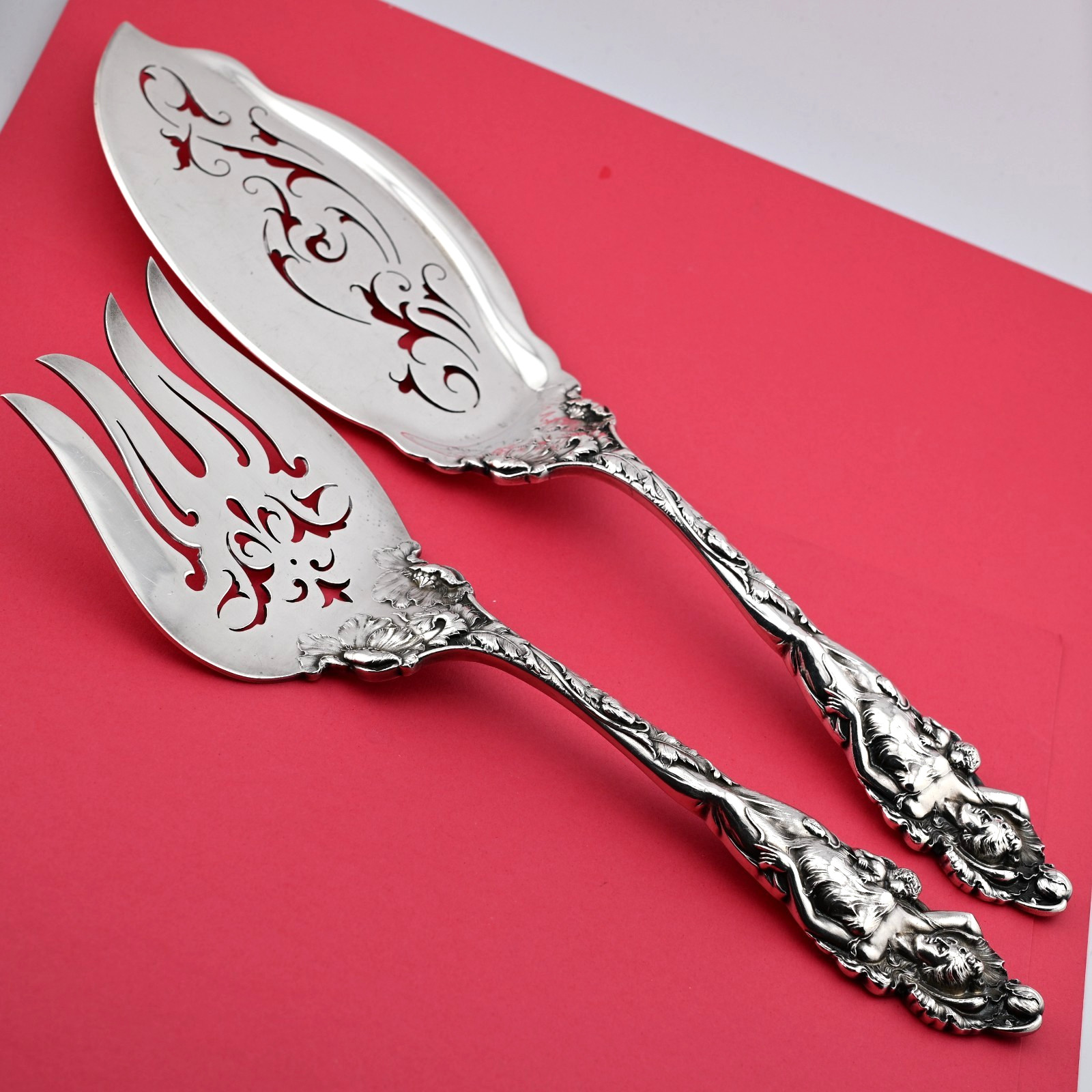 Rare Antique Sterling Silver Reed & Barton Love Disarmed 1899 Fish Serving Set