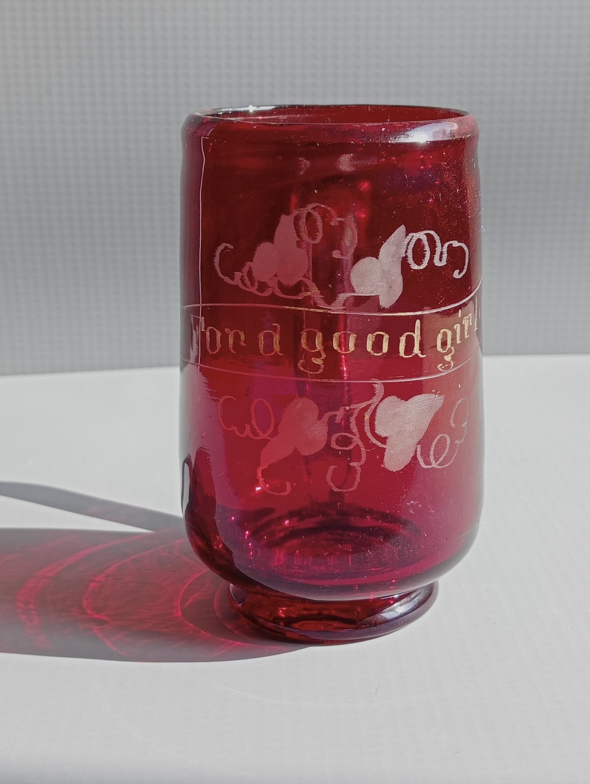 Victorian Glass Cup ‘For A Good Girl’ Antique Ruby Red Hand Blown Snapped Pontil
