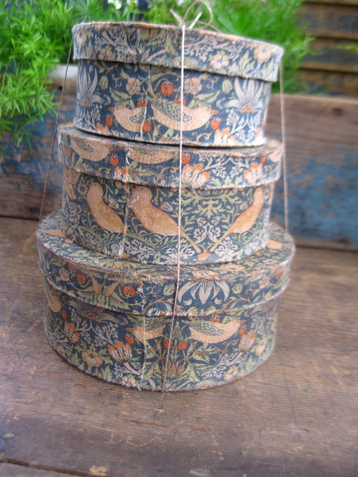 Stack of 3 Medium Papier Mache Boxes William Morris Strawberry Thief Blue Calico