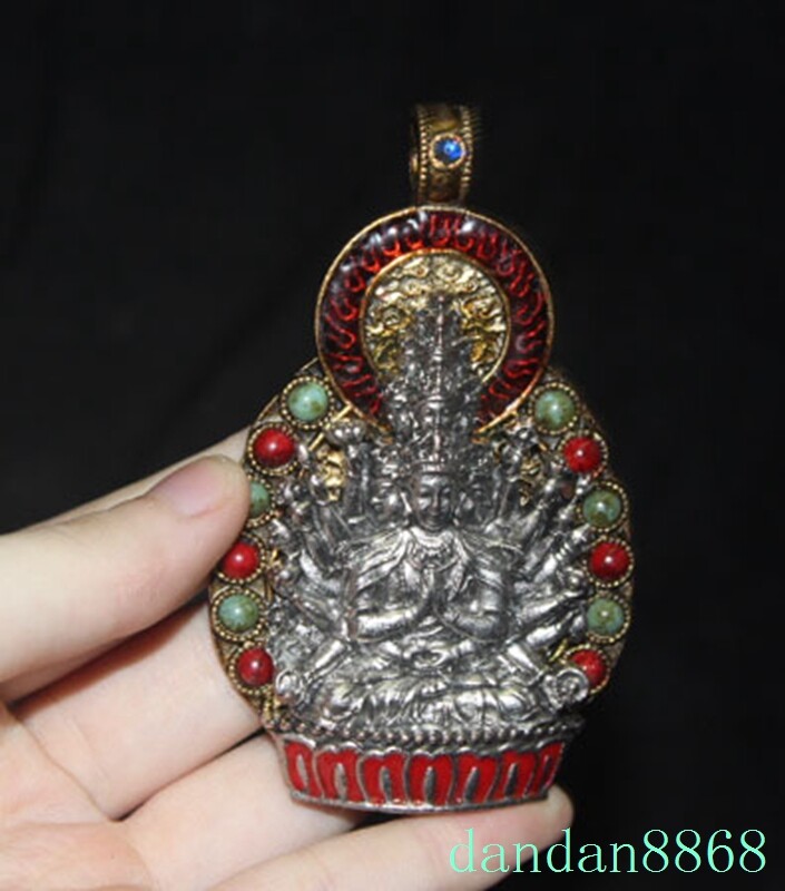 Tibet bronze silver filigree gem Thousands of hands Kwan-yin Tara Buddha pendant