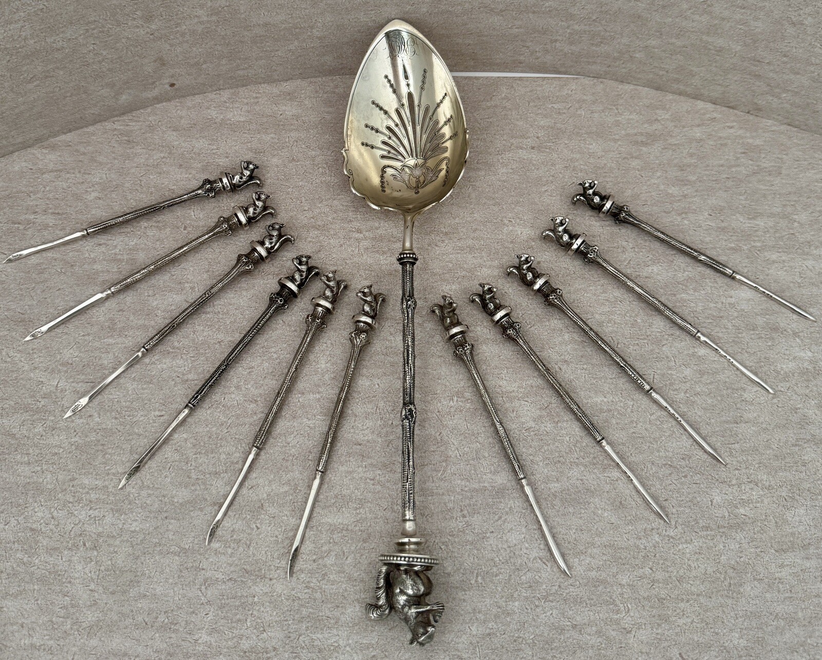 RARE 12 PIECE STERLING JOHN WENDT 11 1/2″ FIGURAL APPLIED SQUIRREL NUT SET 1865