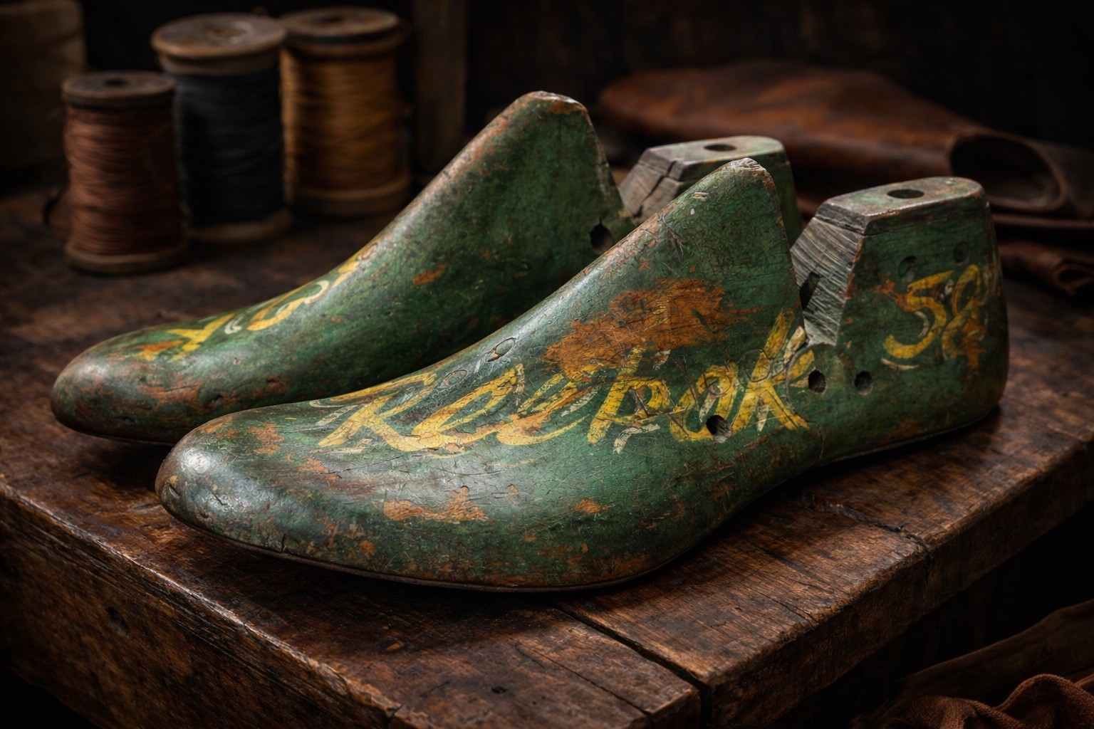 Antique Wooden Shoe Last Forms Cobbler Industrial Green Paint Display Pair
