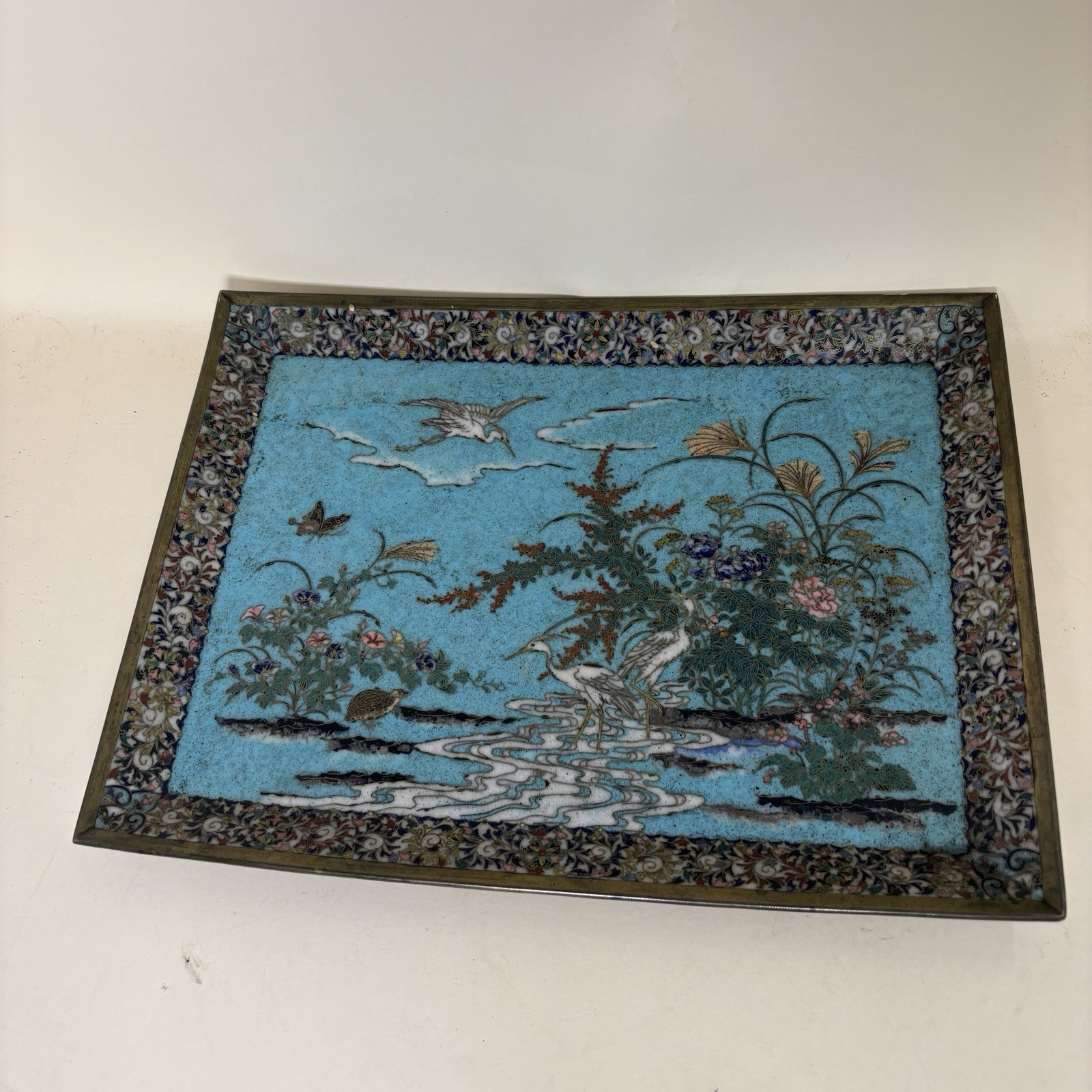 Antique Chinese Cloisonne Enamel Tray Crane Bird Floral Late Qing Dynasty 19th C