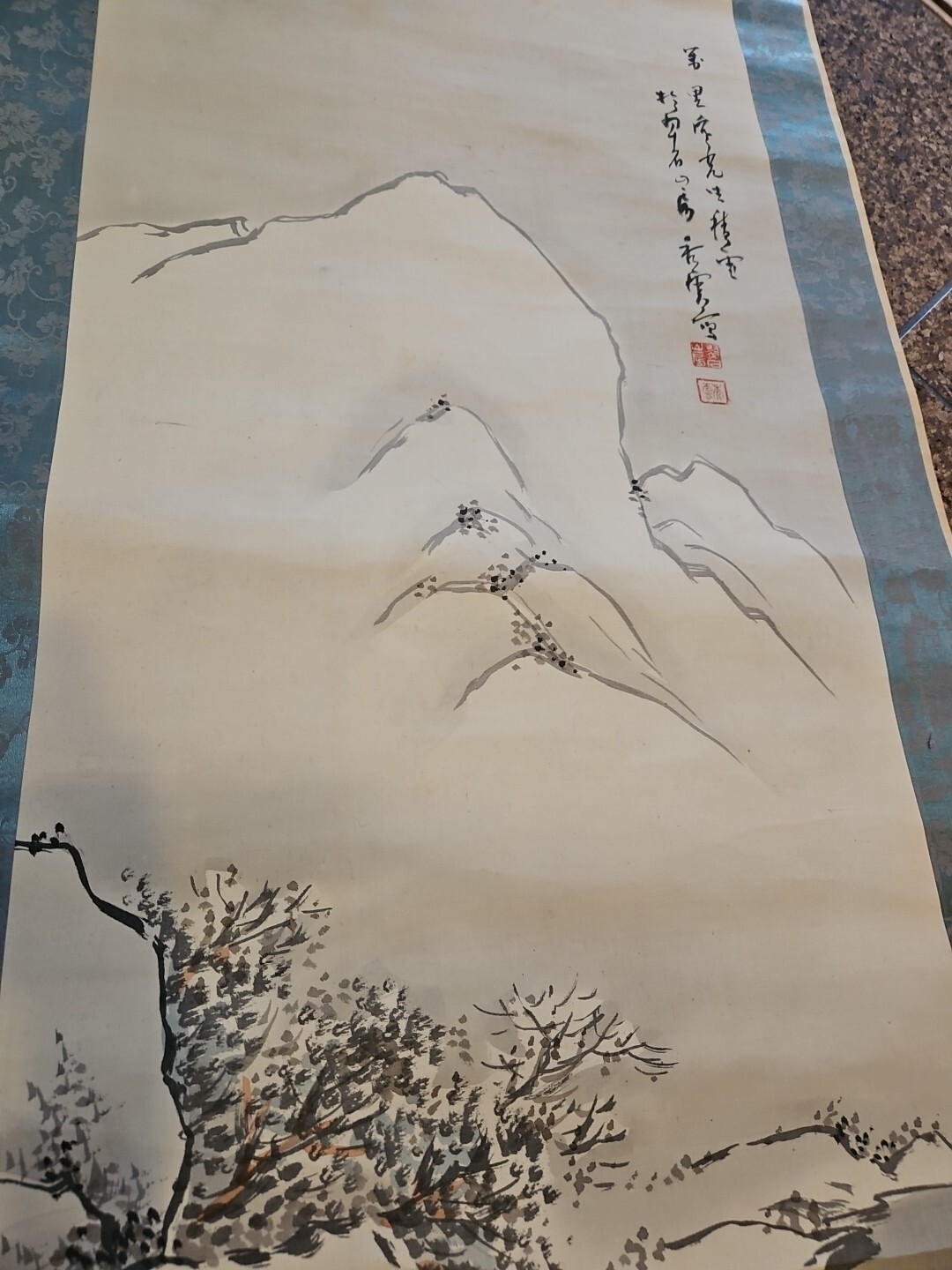 Oriental Hanging Scroll Hand Painted Mountains House Signed Vintage 78×21 Inches