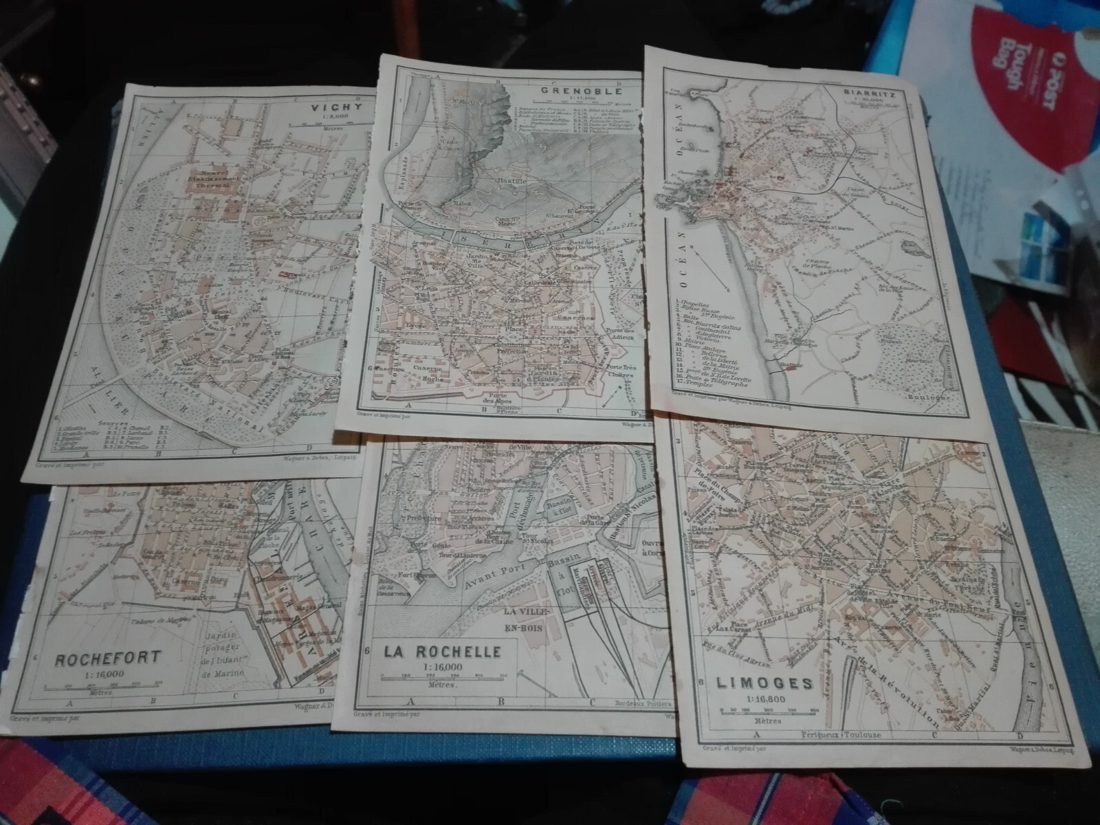 1902 FRENCH TOWN MAPS – VICHY,BIARRITZ,GRENOBLE,LA ROCHELLE,ROCHEFORT & LIMOGES