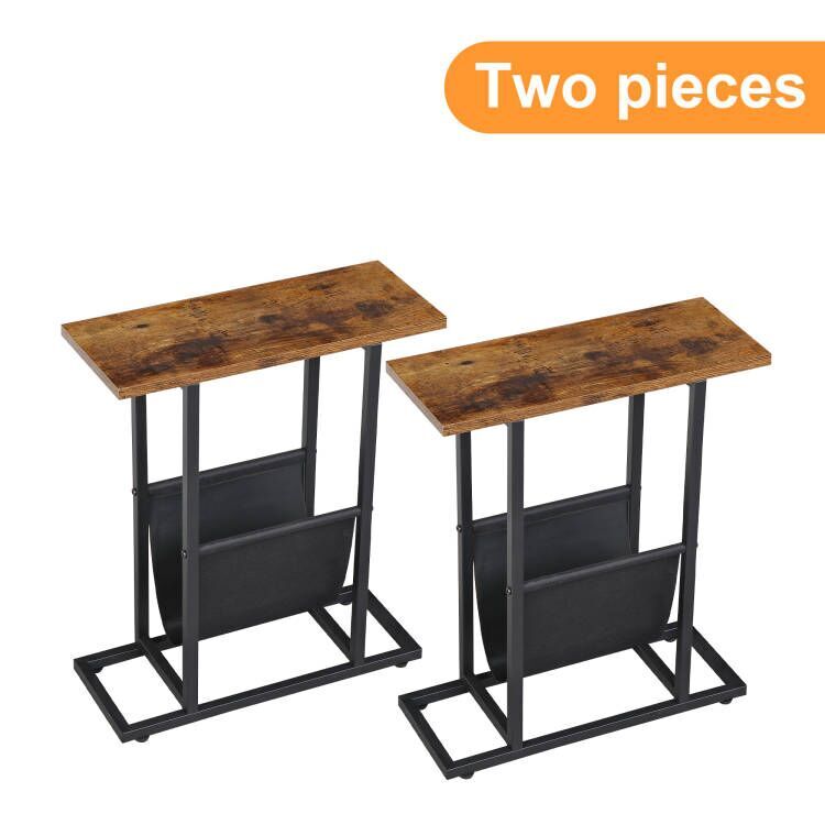 2PCS Small Narrow Side Table End Table Nightstand w/Magazine Holder Rustic Brown