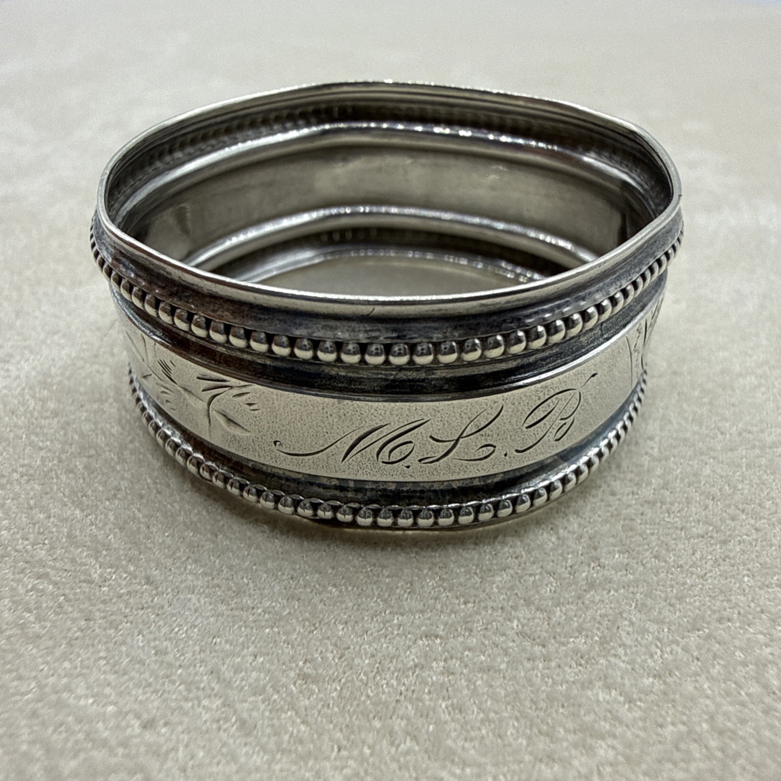 Antique Sterling Silver Napkin Ring Engraved M.L.B Collectible Beaded Edge