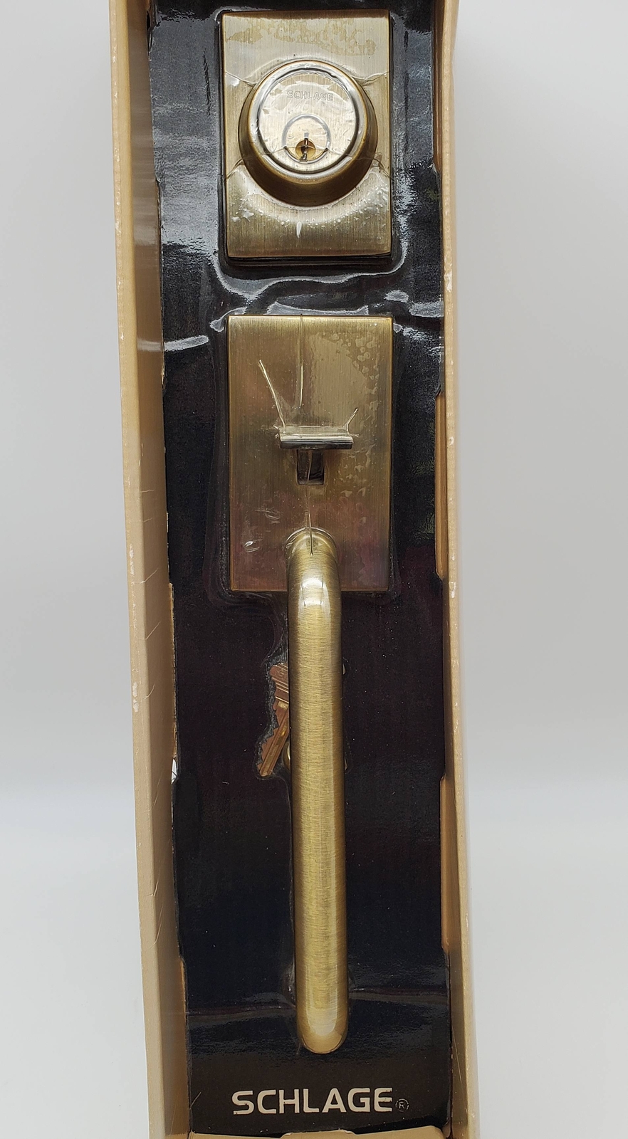 Schlage Door Handleset Grip & Deadbolt Antique Brass Exterior Only 11″ F158N NOS