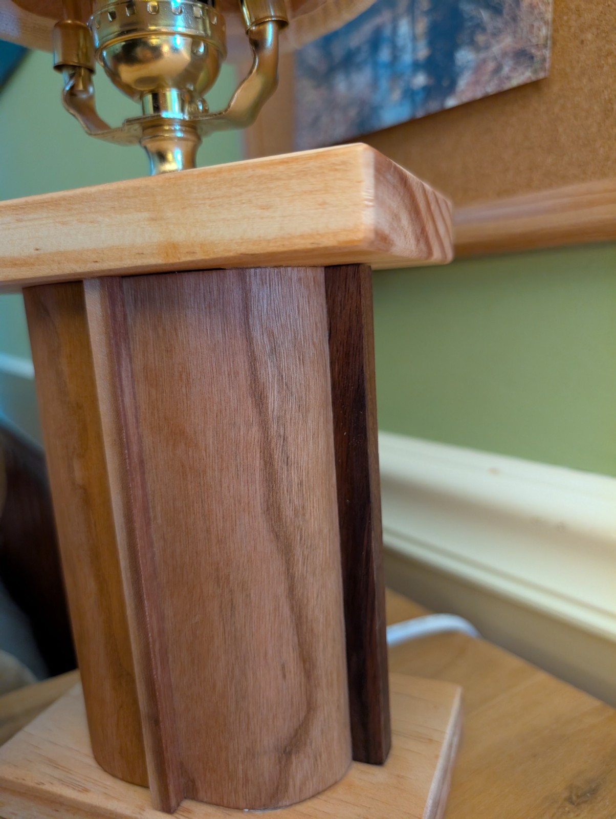 Handcrafted Cherry, Walnut, And Pine Wood Lamp With Cherry Veneered Lampshade