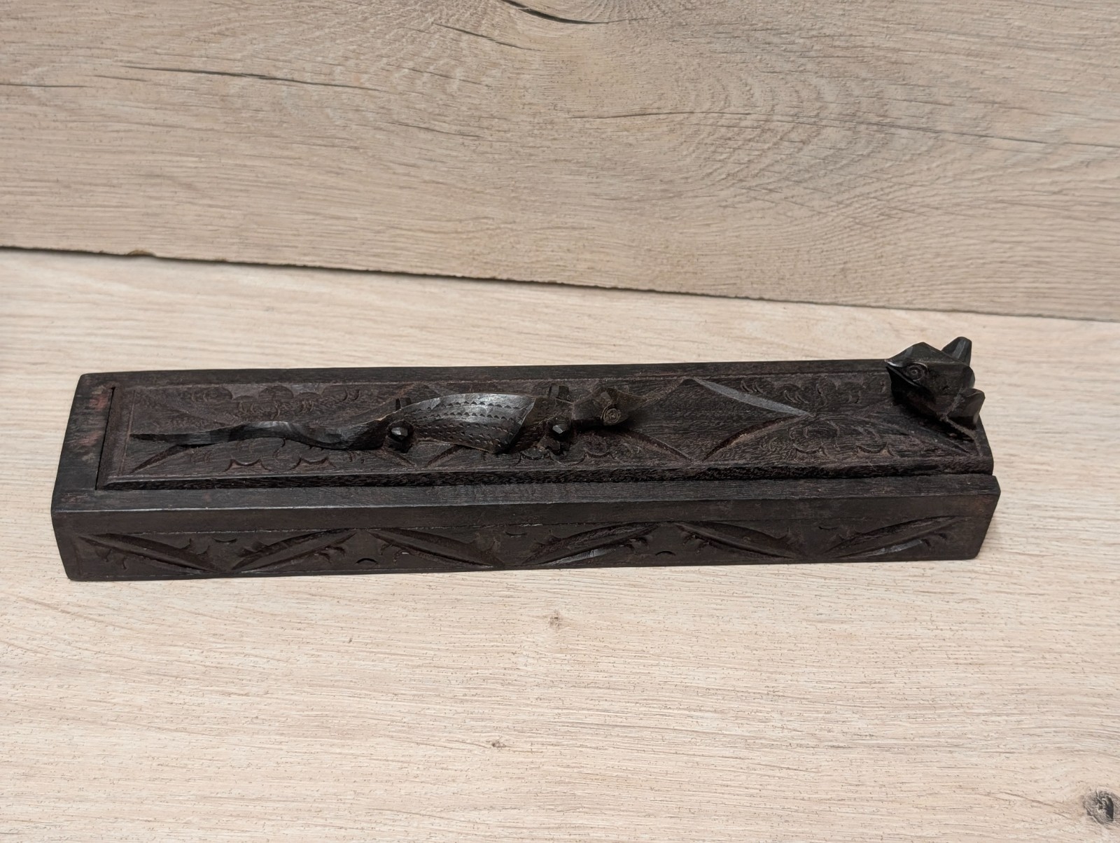 Chopstick Box Antique Balinese Carved Wooden Set Sliding Lid Lizard & Frog