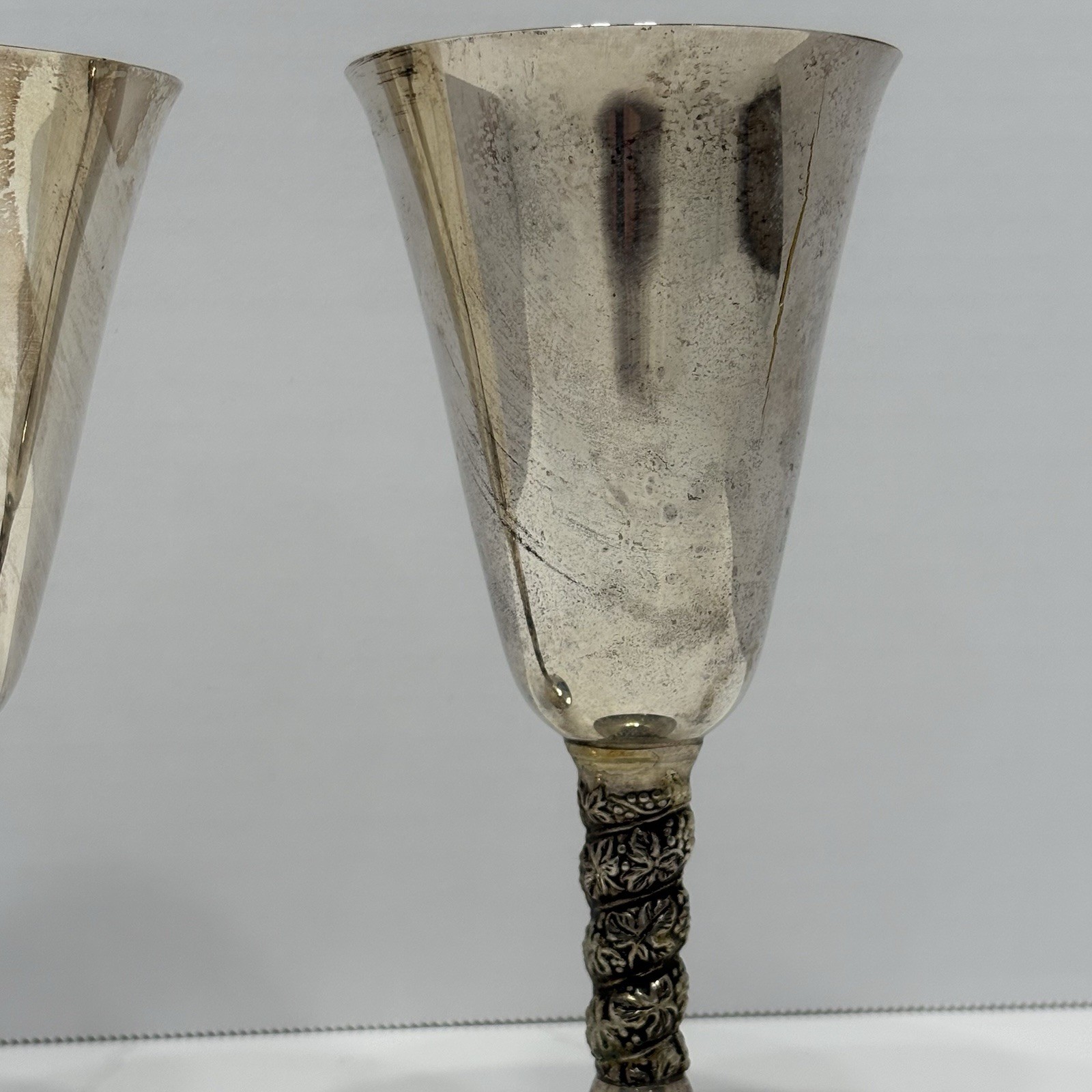 2x Plator Spain Silver Grapevine Twist Stem Vintage Goblets (1 has a crack)