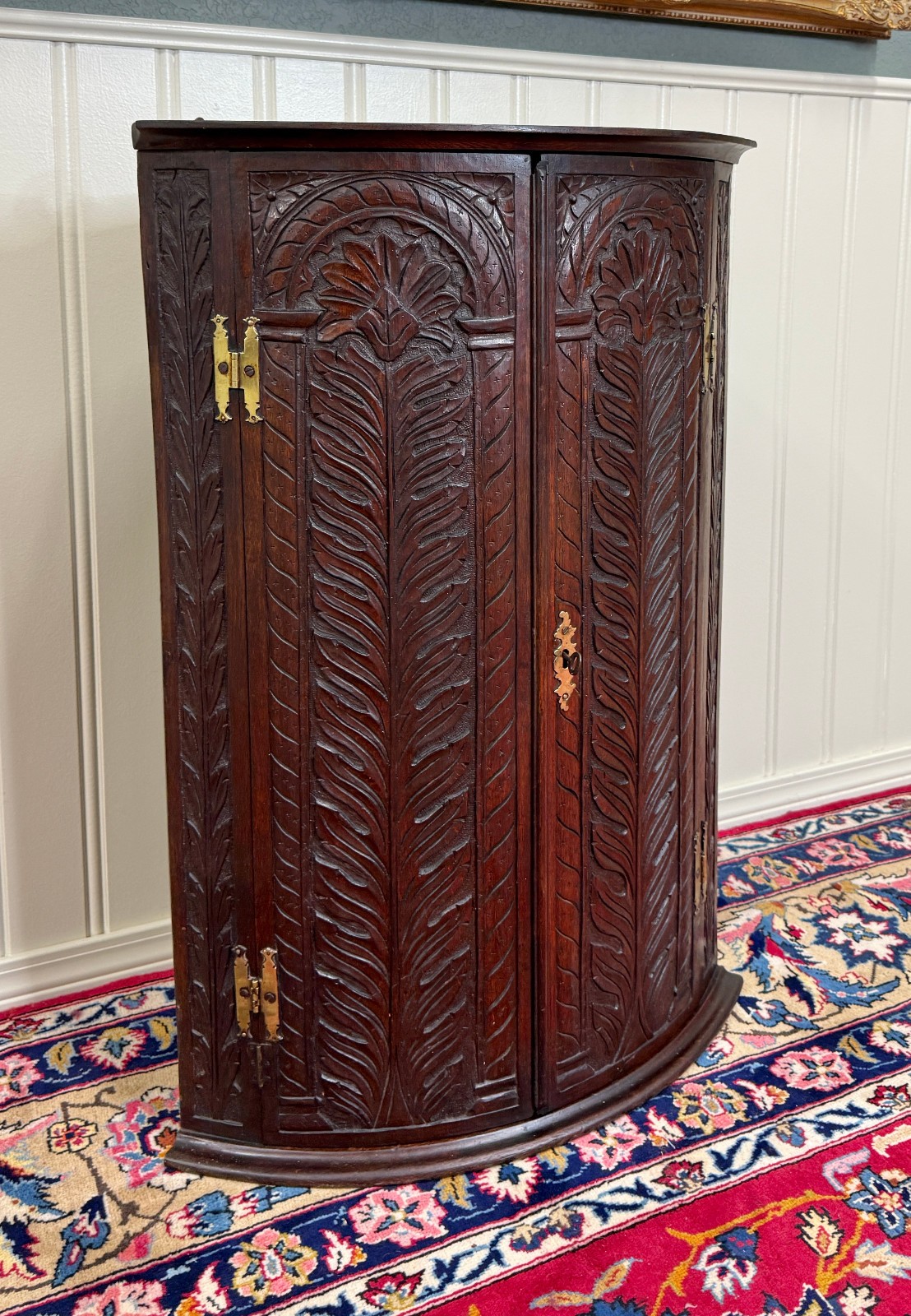 Antique English Corner Cabinet Carved Oak Hanging Wall Cabinet Storage 19C