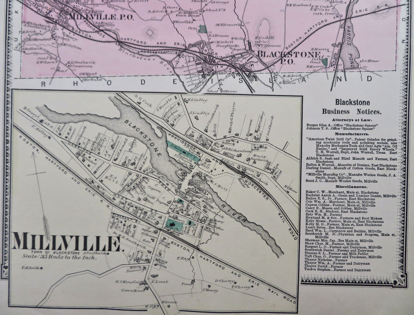 Blackstone & Millville Worcester County Massachusetts 1870 Beers detailed map
