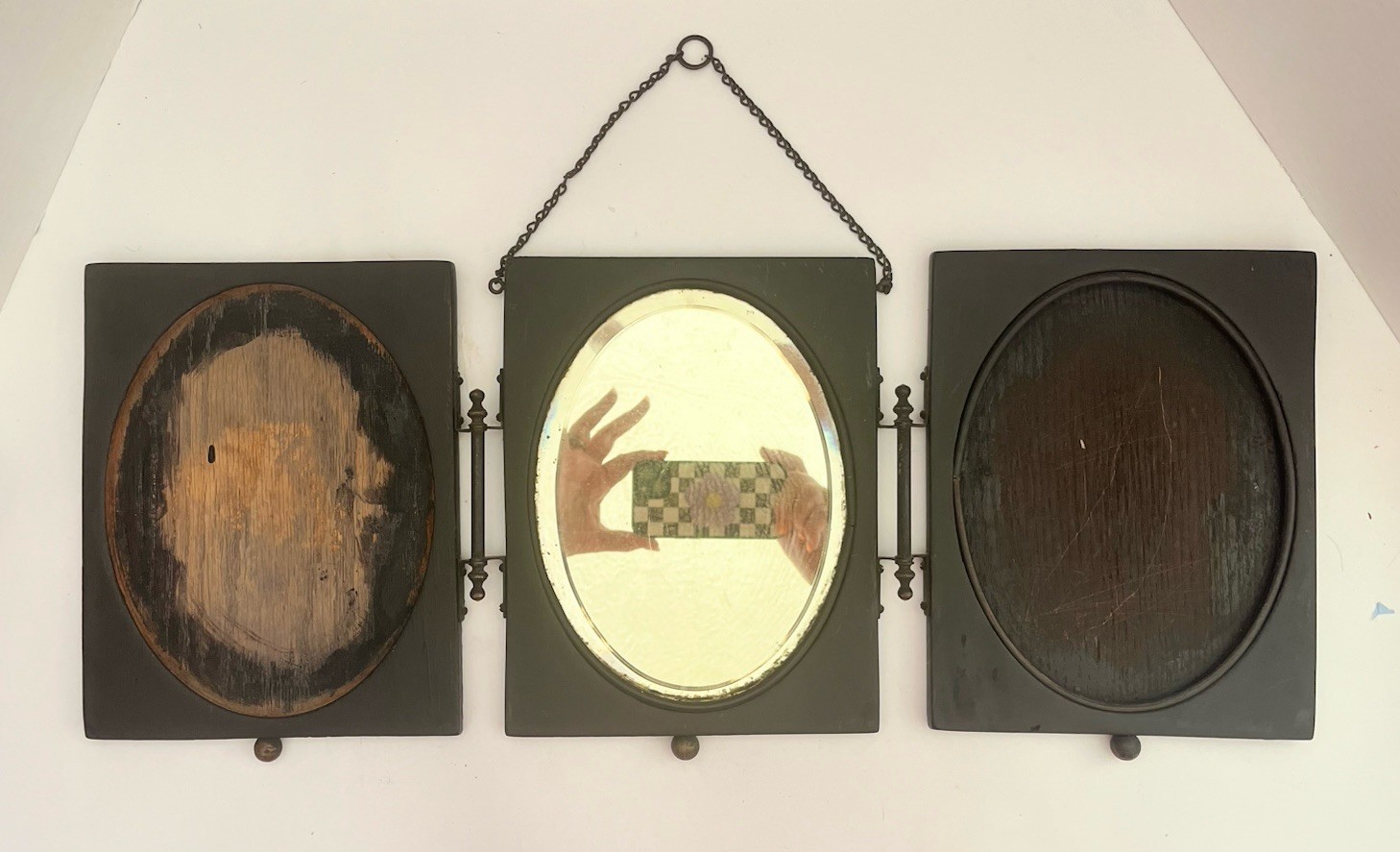 Victorian Tri-Fold Wood & Brass Shaving /Dresser Beveled Glass Mirror AS IS READ
