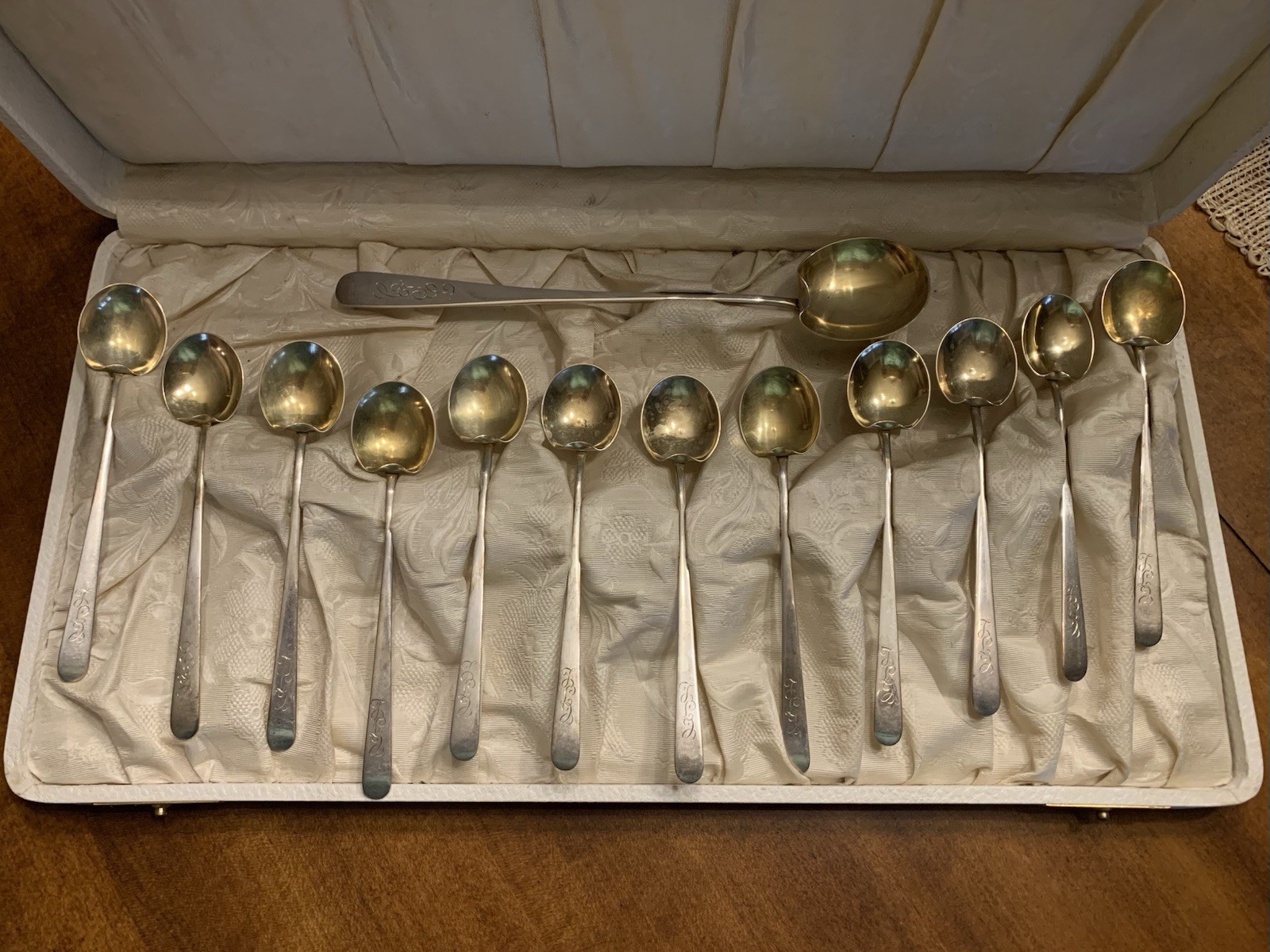 Sterling Silver Art Deco Ice Cream Spoons, 1 Serving Spoon w/Gold Washed Bowls