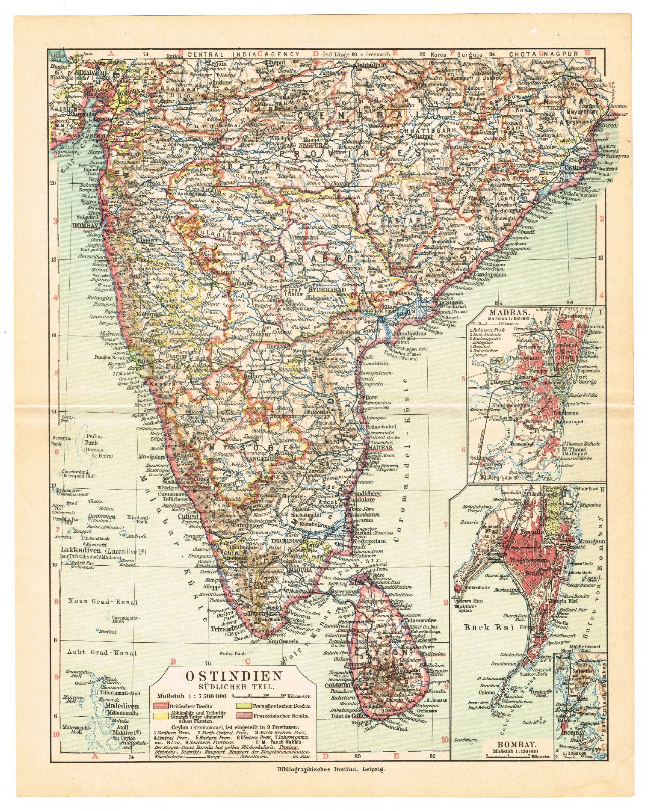 INDIA Bharat Hindustan Original Antique Map 1922 Chennai Madras Mumbai Bombay