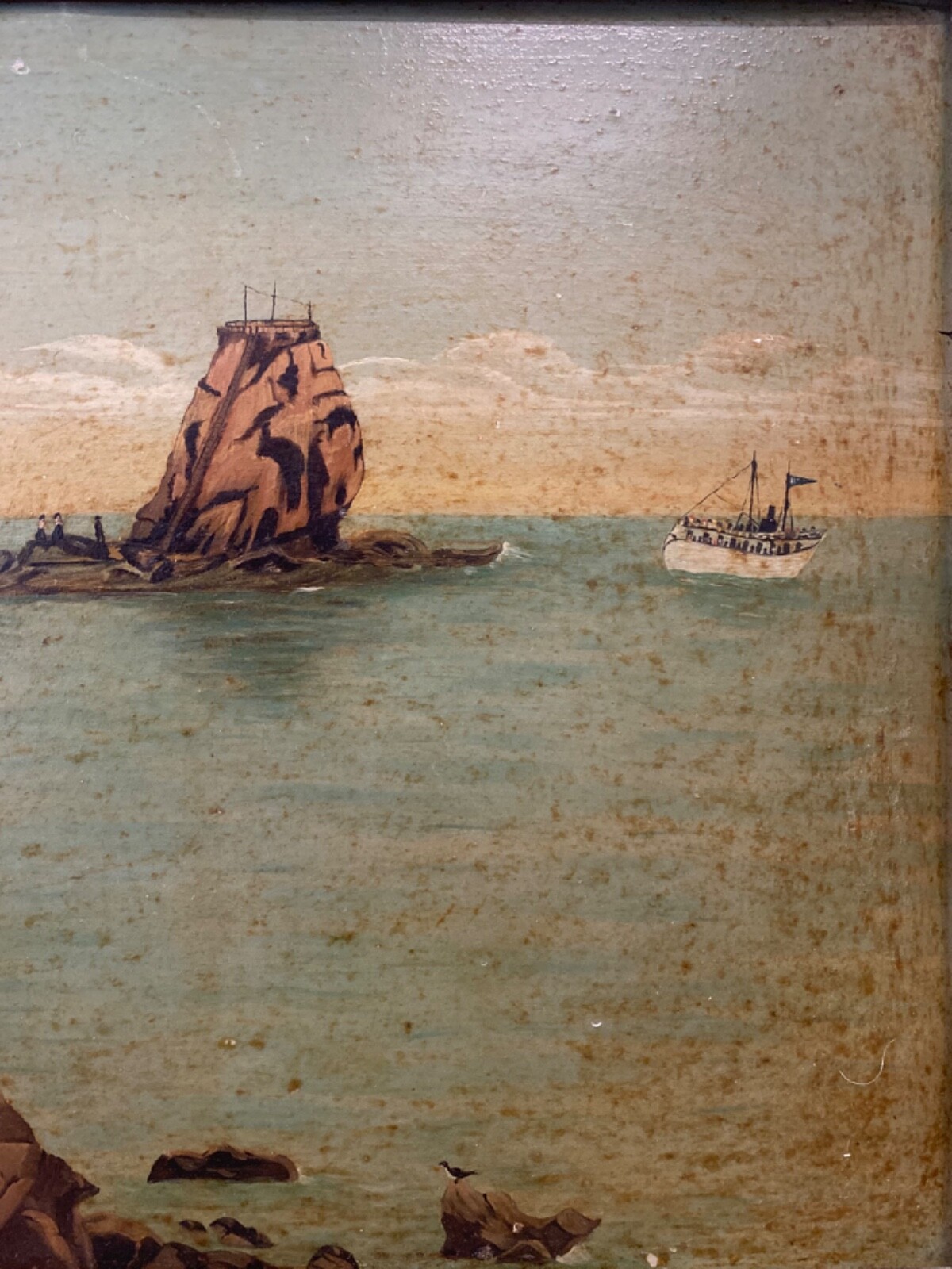 🔥 Antique Old 19th c. American Folk Art Nautical Ship Seascape Oil Painting