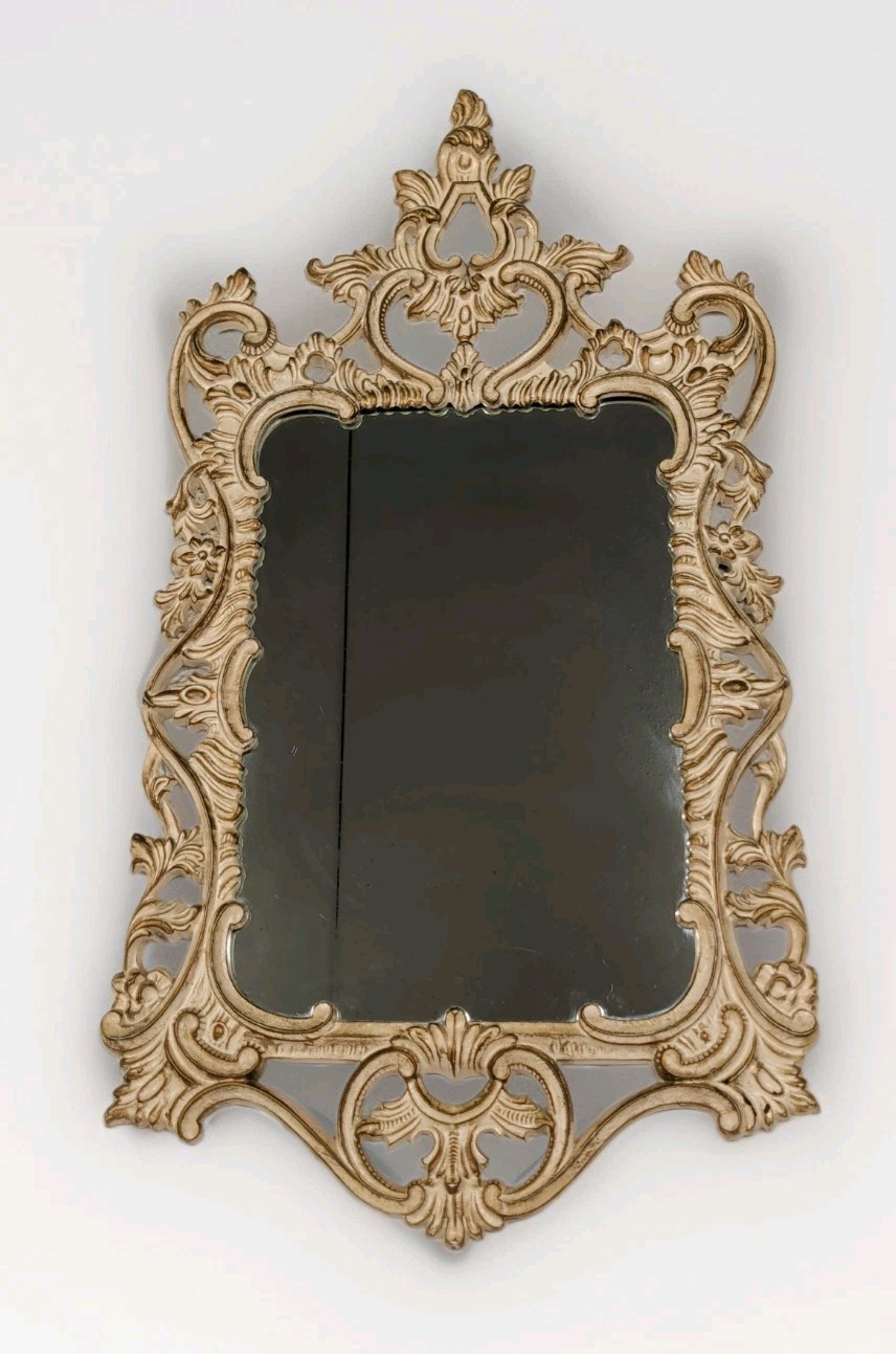 Vintage Syroco Hollywood Regency Wall Mirror Ornate White Gold Roccoco 38”x20”