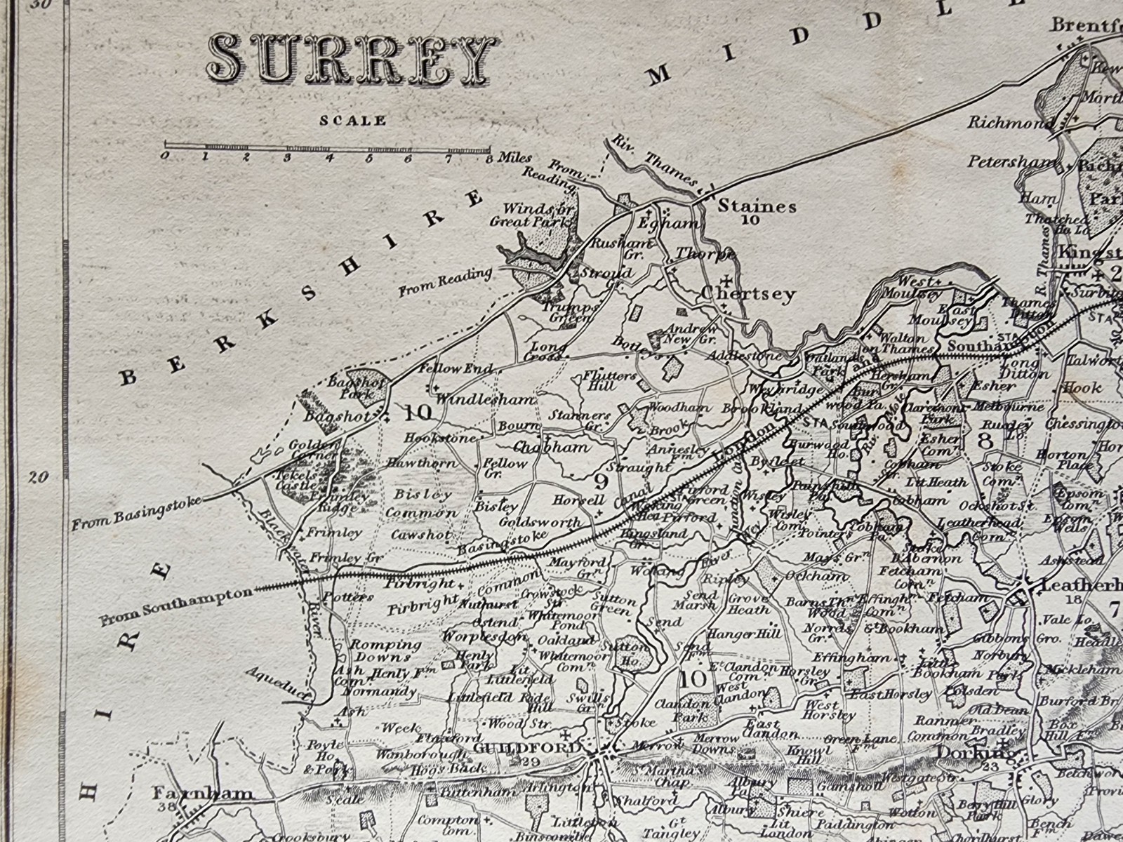 Antique c. 1850 county map – Surrey – Joshua Archer