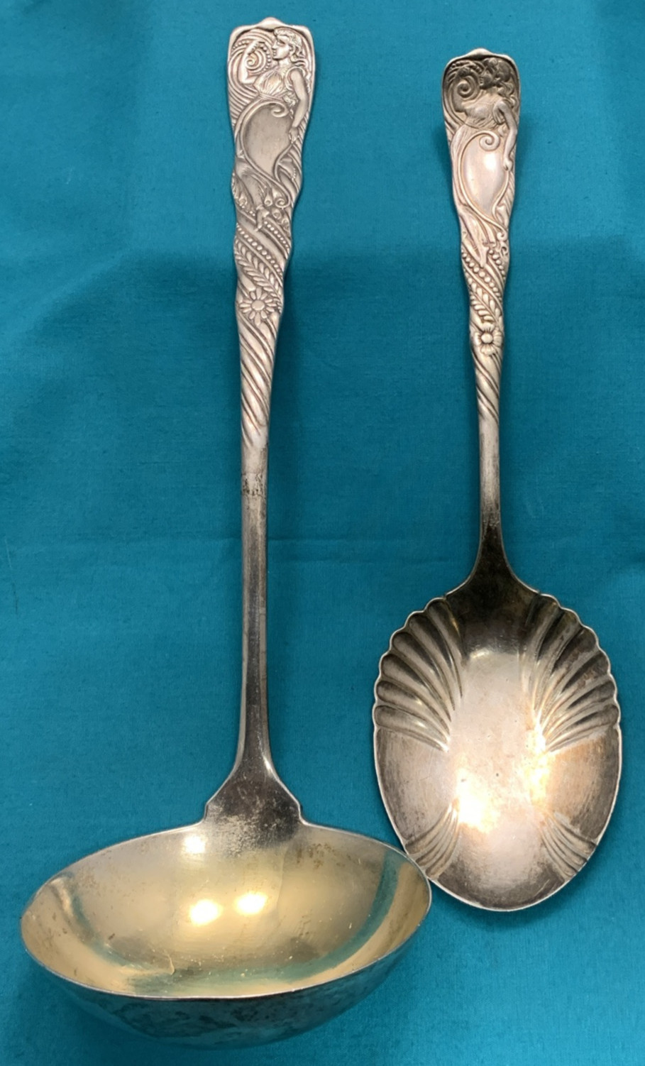 1891 SIREN Silverplated 10 1/2″ SOUP LADLE + BERRY SPOON 1847 Rogers Bros