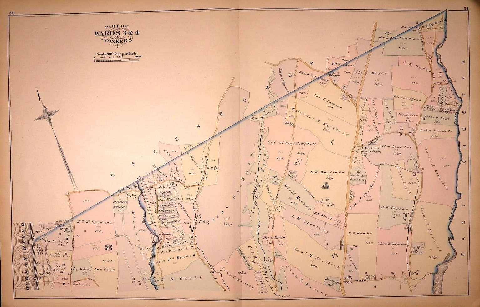 Rare 1881 Plat Map ~ YONKERS, NEW YORK ~ PART of WARDS 3 & 4 (XL18x28)-#07