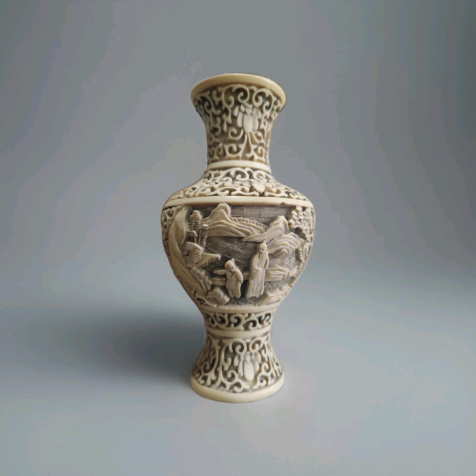 VTG Old Asian Carved Cinnabar Resin Vase Off White Faux Landscape 6.5”