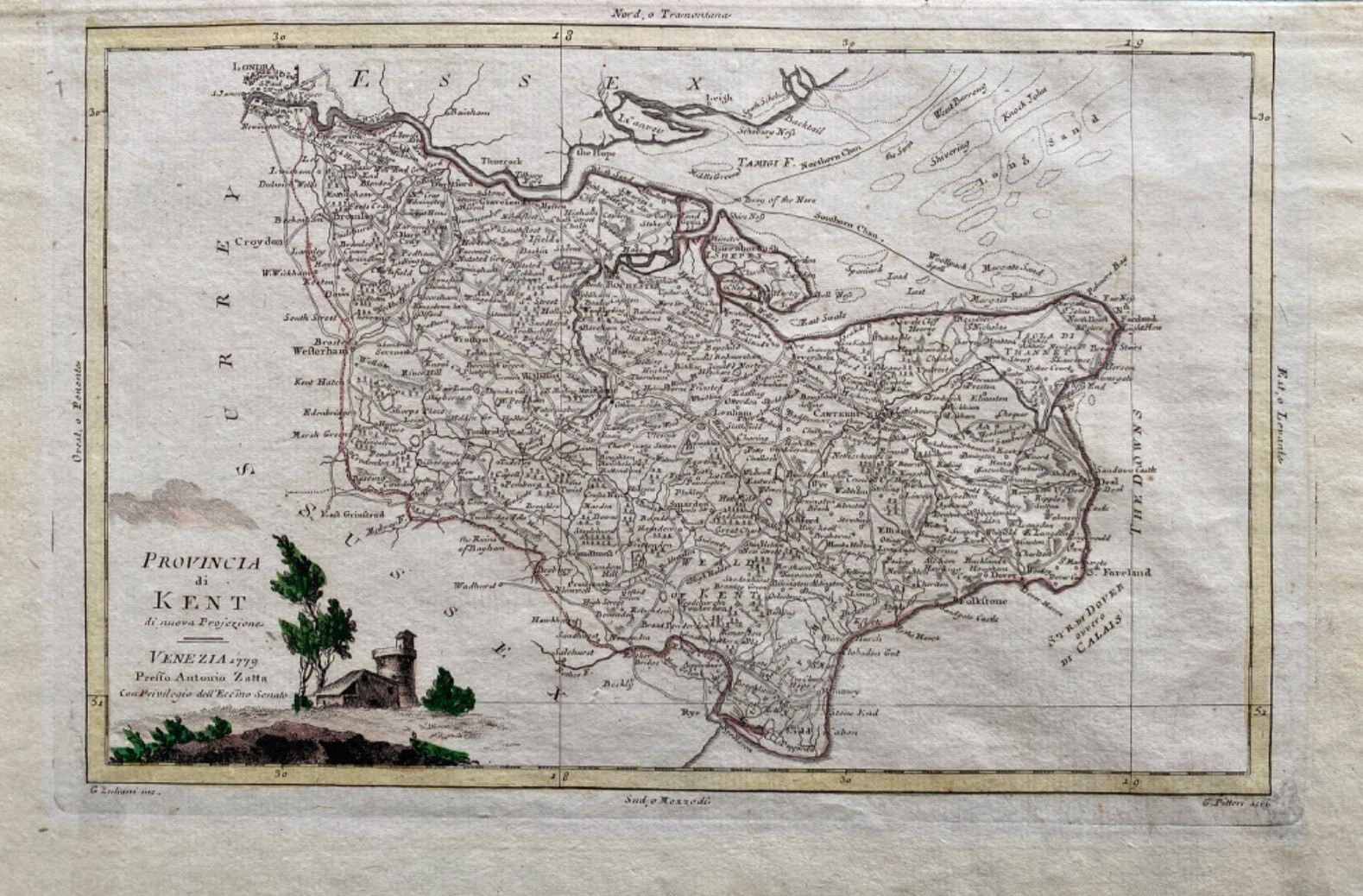 1779 Antique Map; Kent by Antonio Zatta